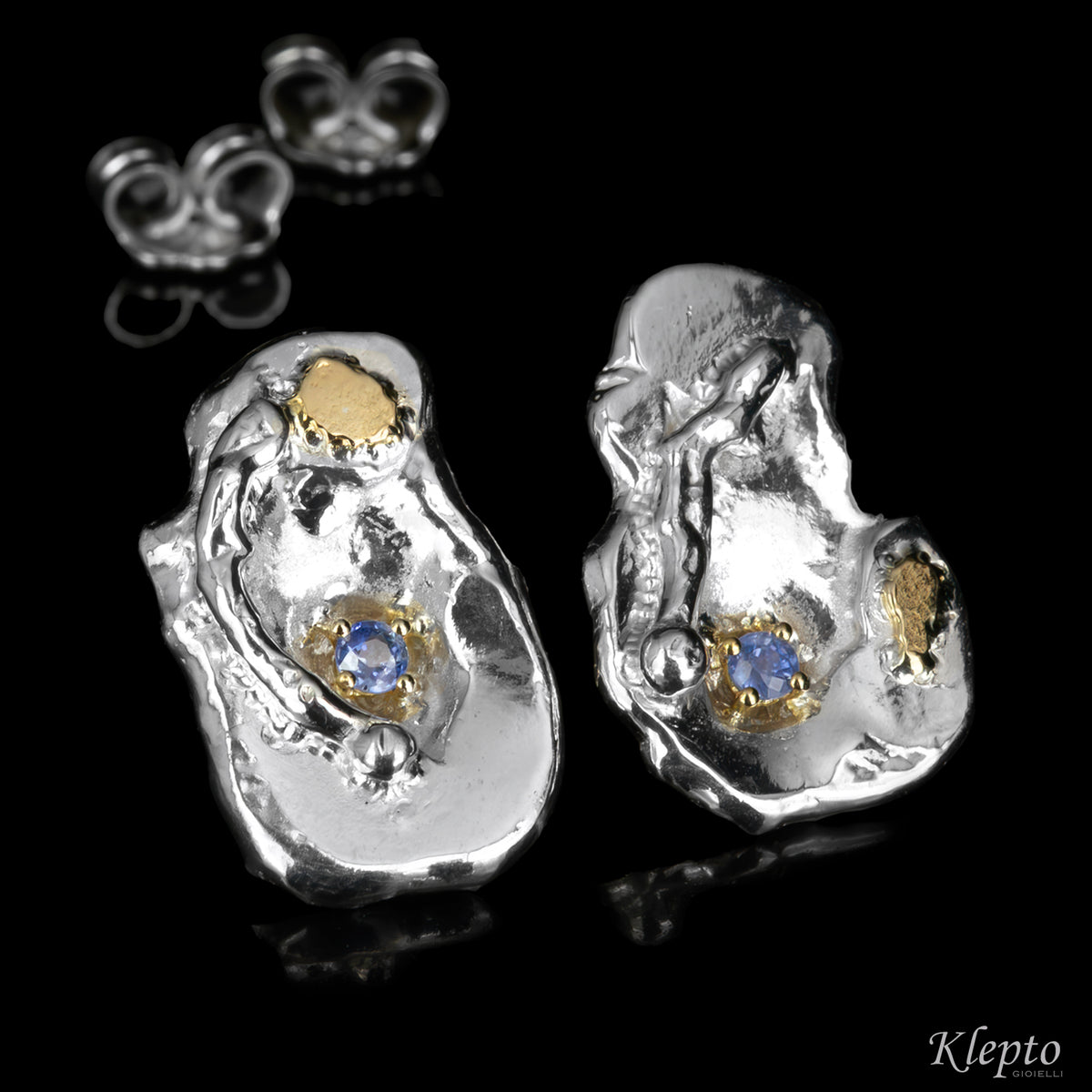 Silnova® silver earrings with blue sapphires and yellow gold details