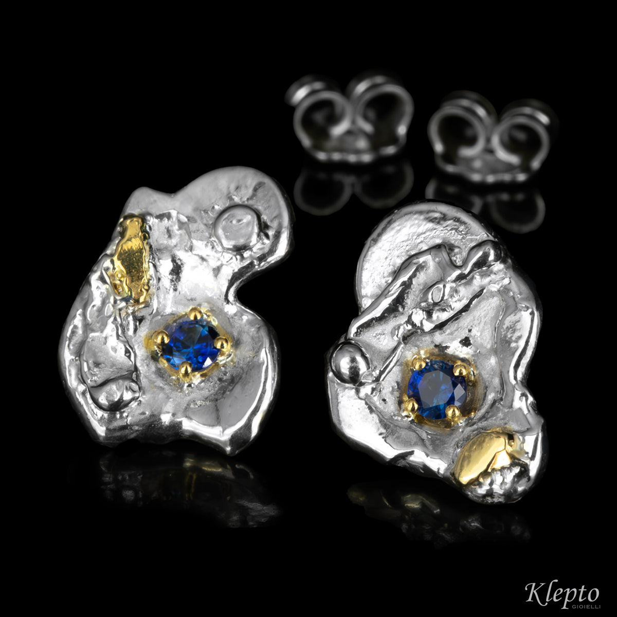 Silnova® silver earrings with blue sapphires and yellow gold details