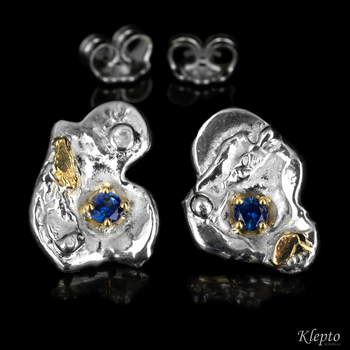 Silnova® silver earrings with blue sapphires and yellow gold details
