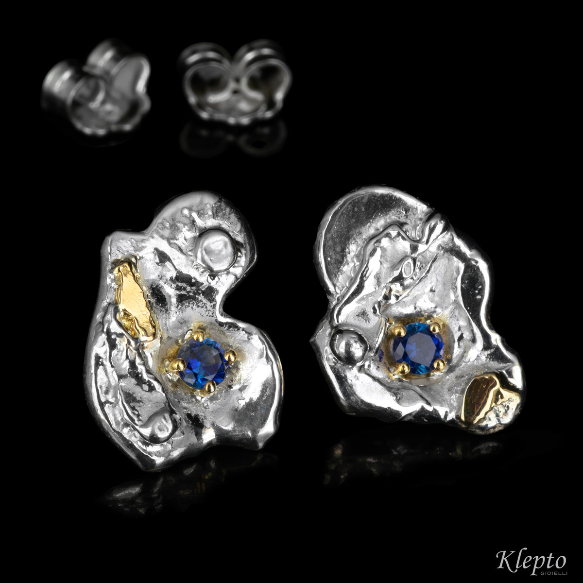 Silnova® silver earrings with blue sapphires and yellow gold details
