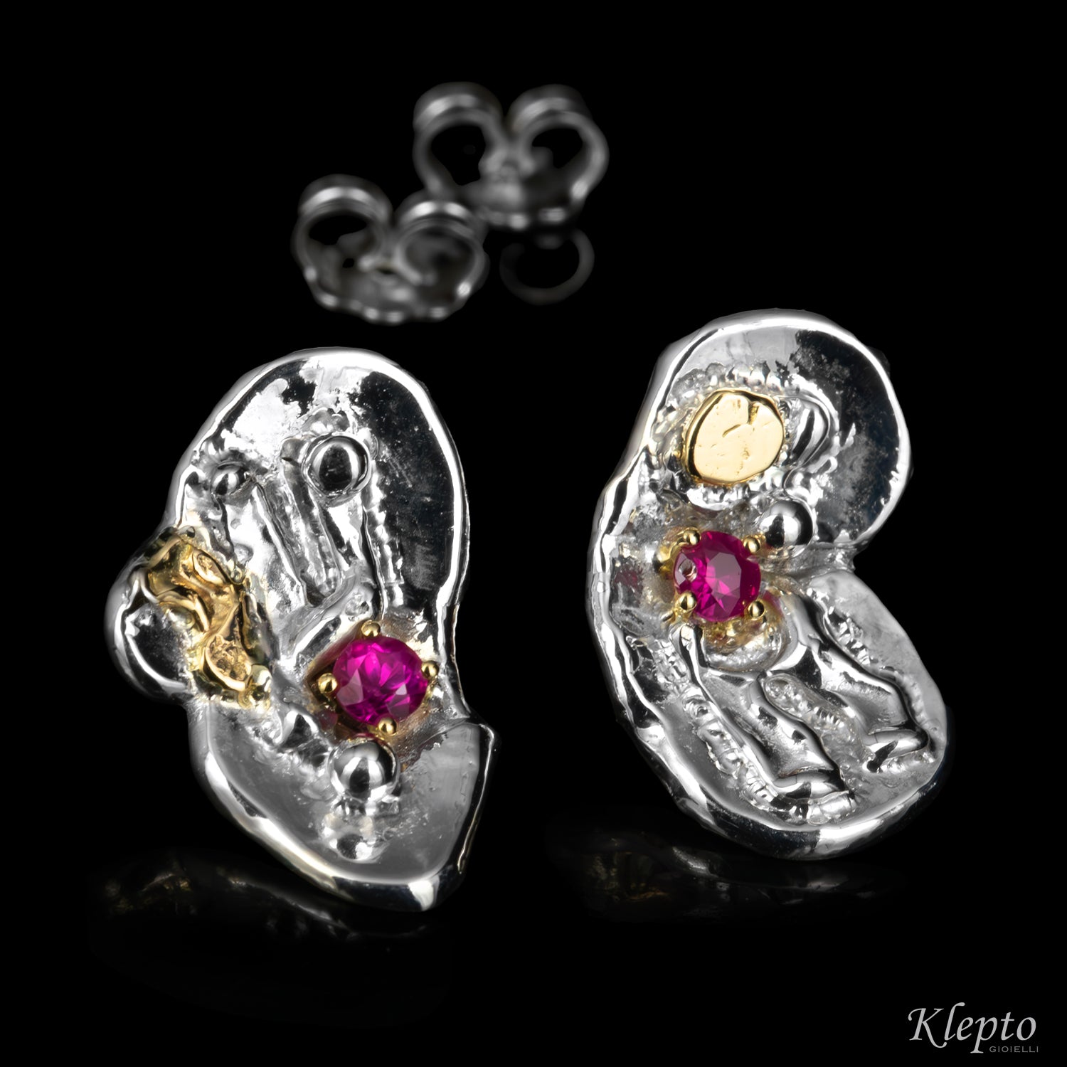 Silver Silnova® Earrings with Rubies and Yellow Gold Details