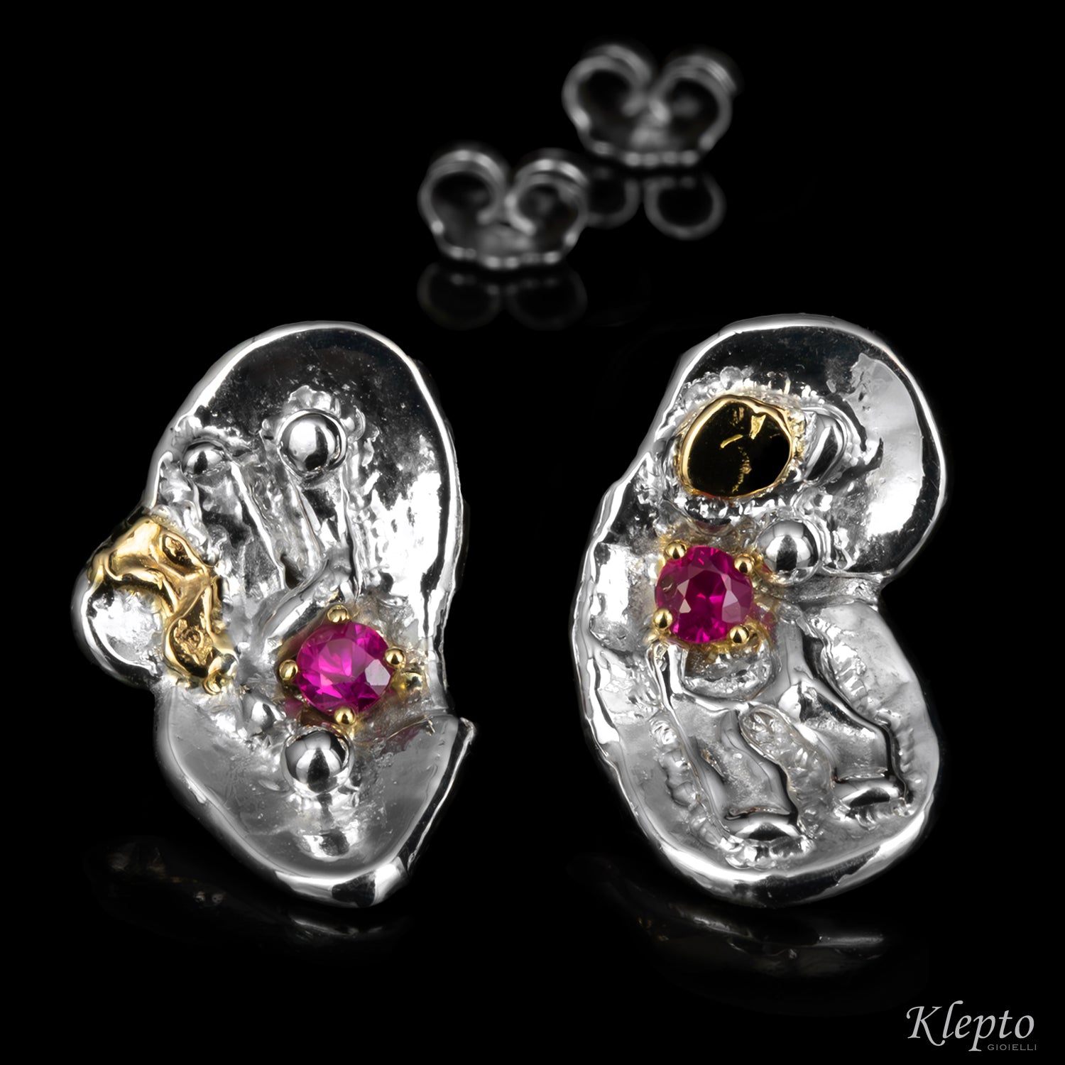 Silver Silnova® Earrings with Rubies and Yellow Gold Details