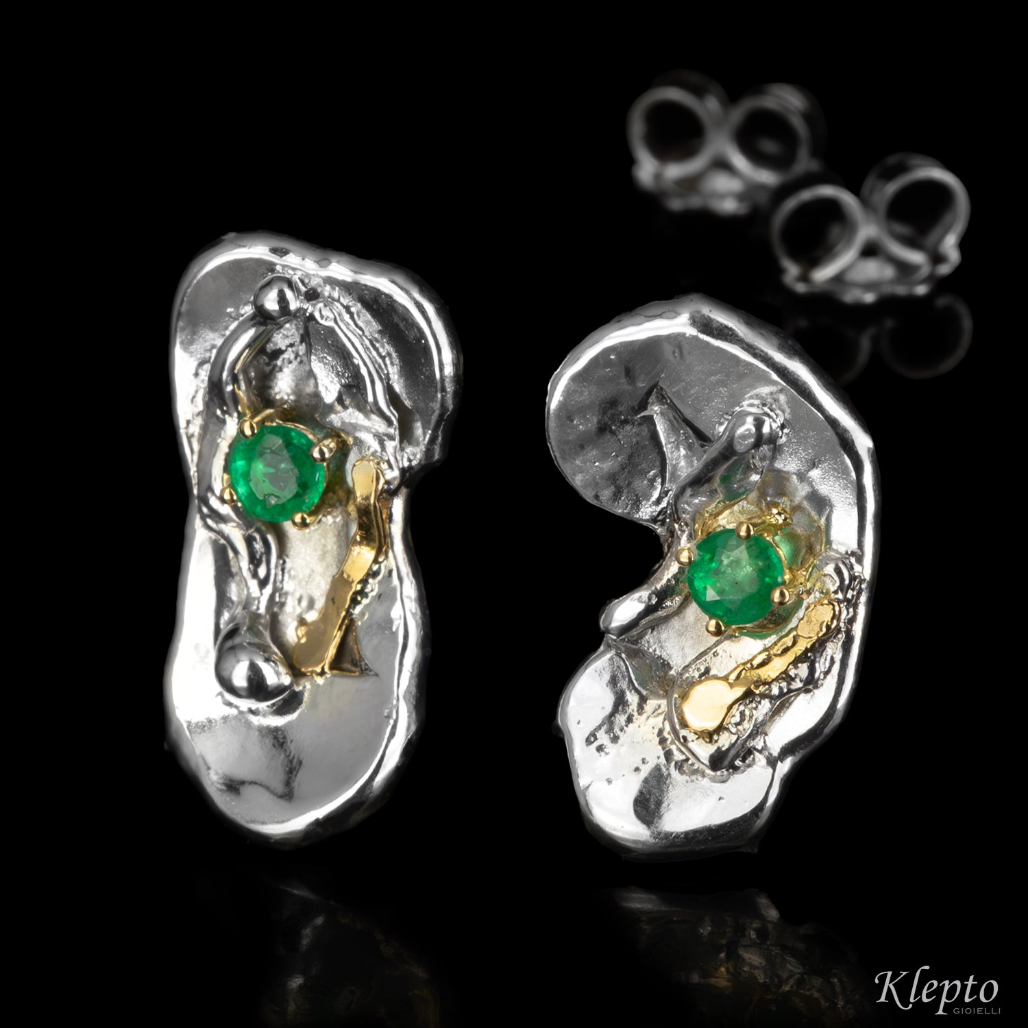 Silver Silnova® Earrings with Emeralds and Yellow Gold Details