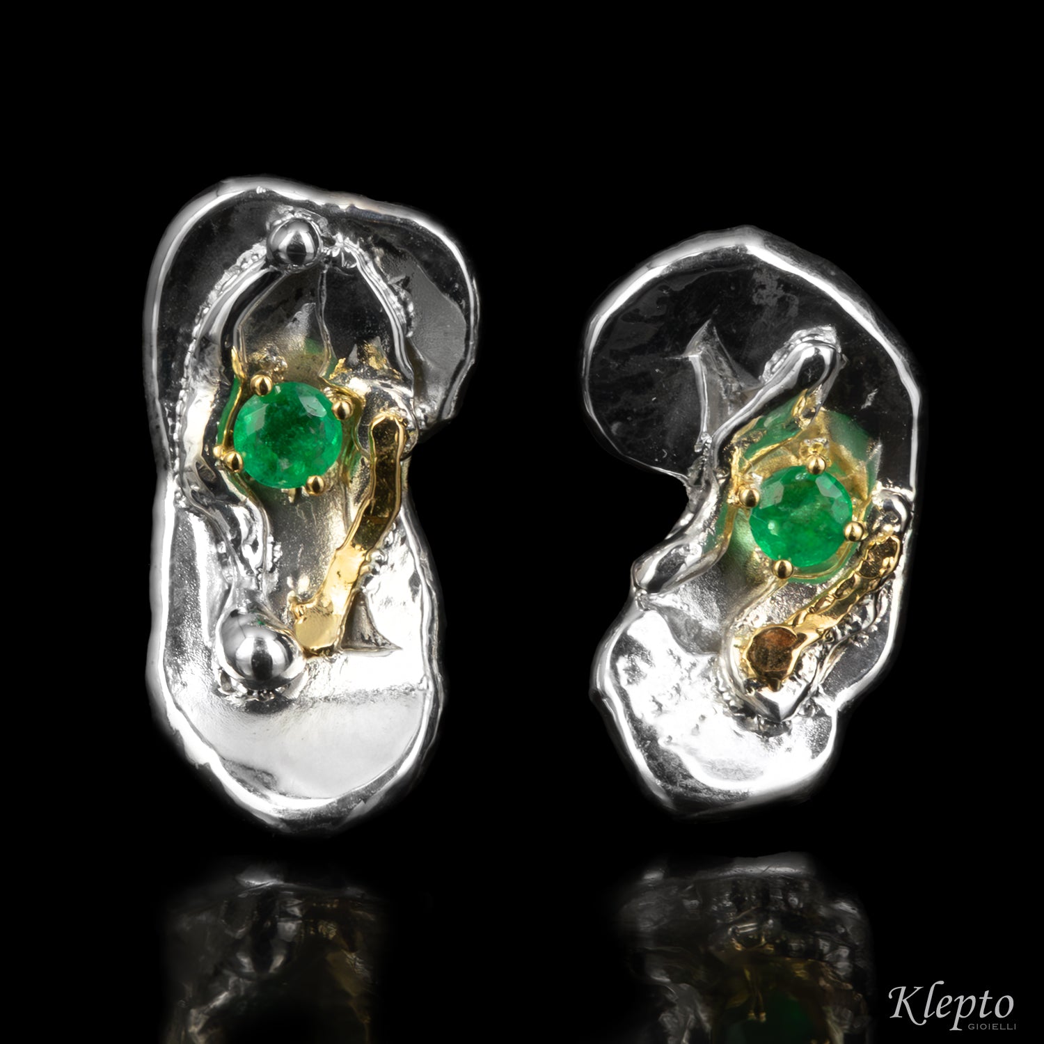 Silver Silnova® Earrings with Emeralds and Yellow Gold Details