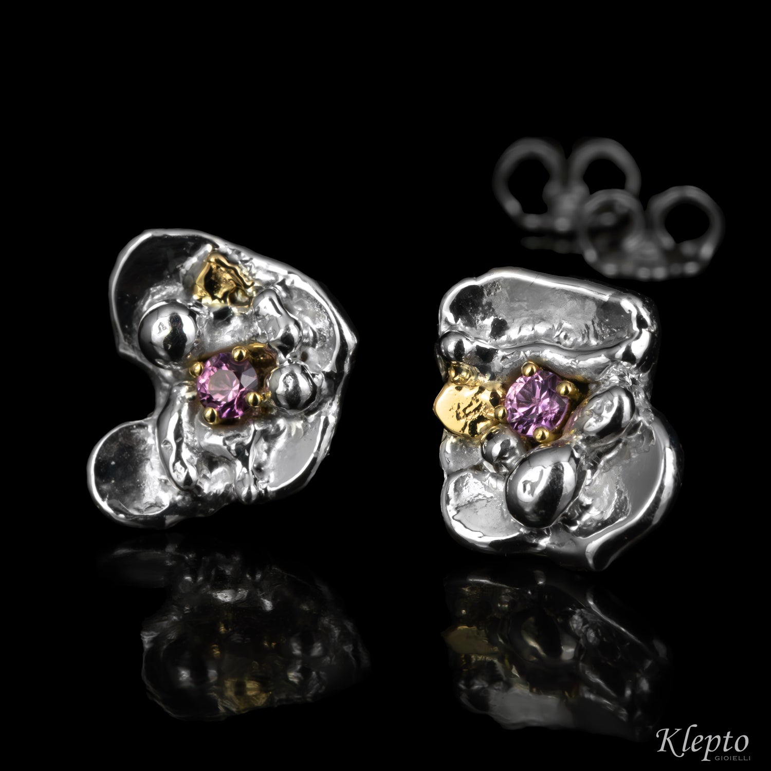 Silver Silnova® Earrings with Pink Sapphires and Yellow Gold Details
