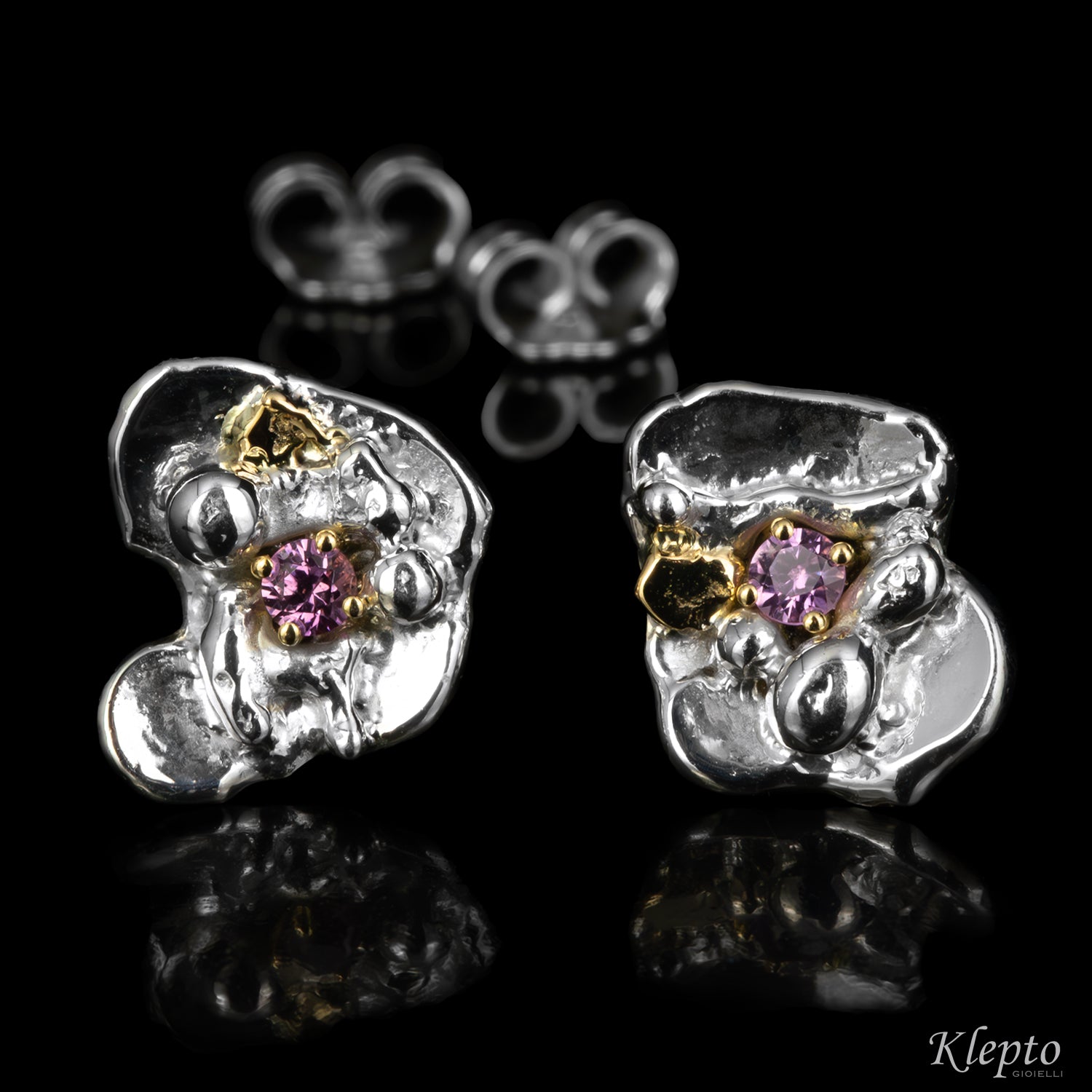 Silver Silnova® Earrings with Pink Sapphires and Yellow Gold Details