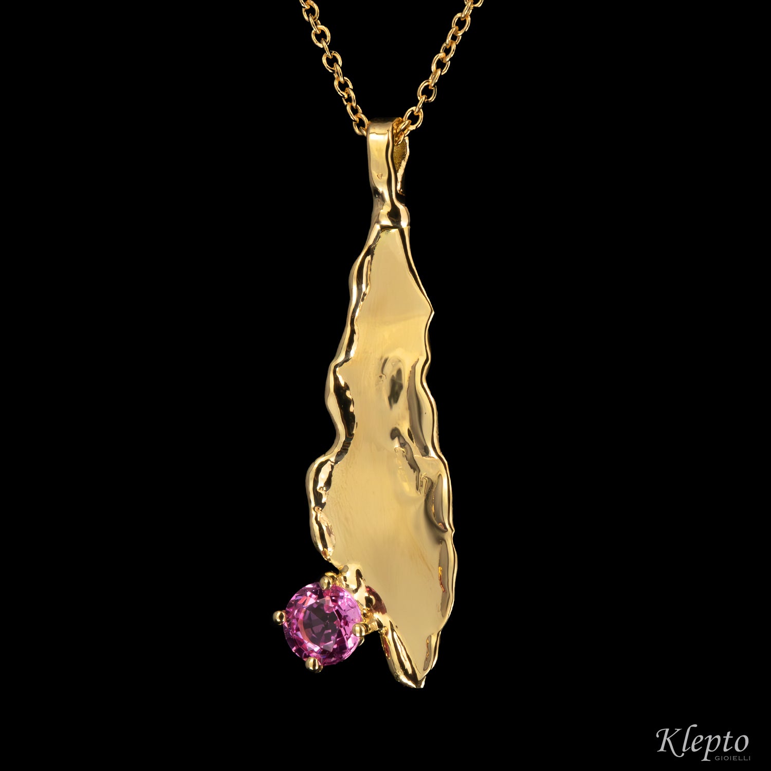 Yellow gold pendant "Isola" flame-fused with pink sapphire