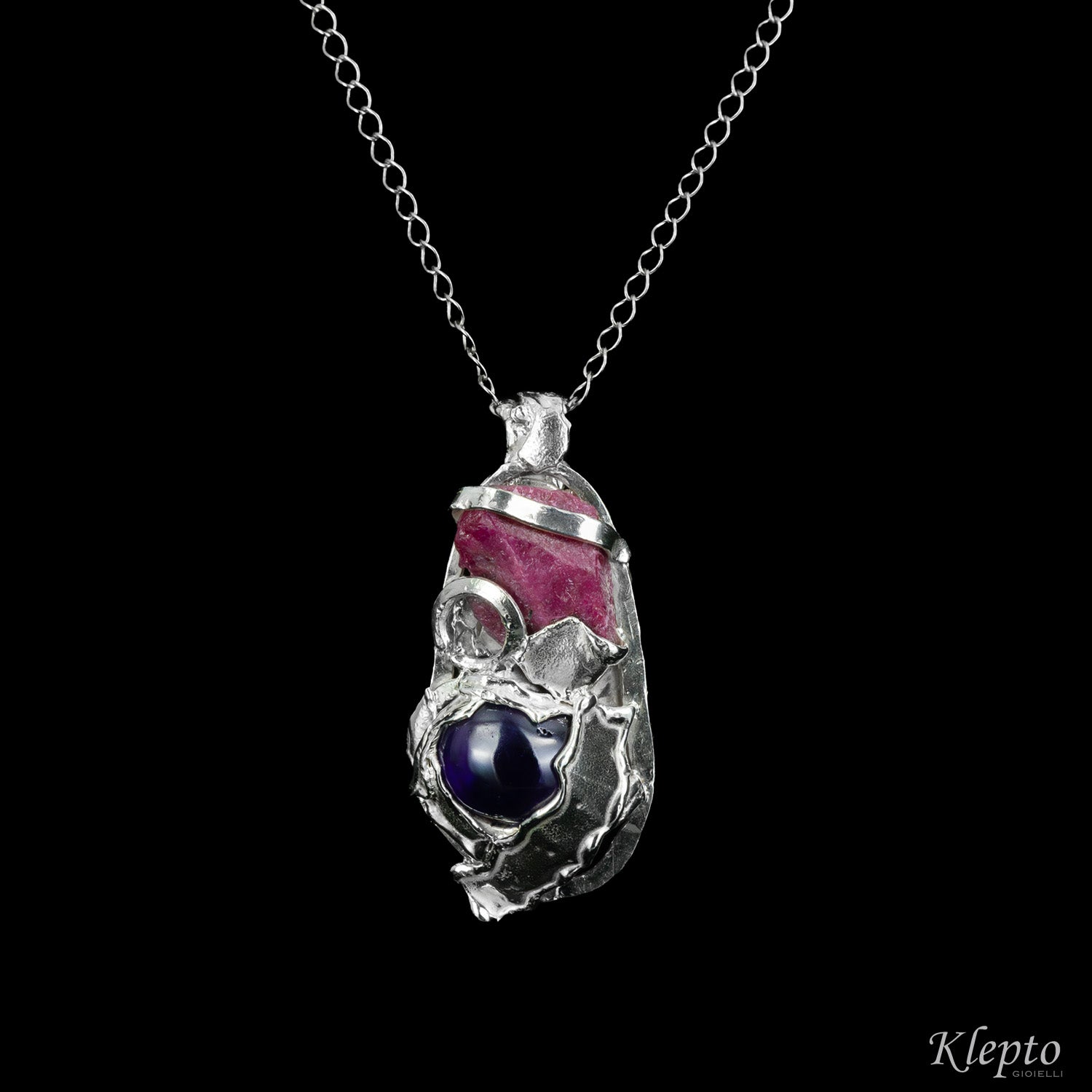 Silnova® Silver Pendant with Raw Ruby and Amethyst
