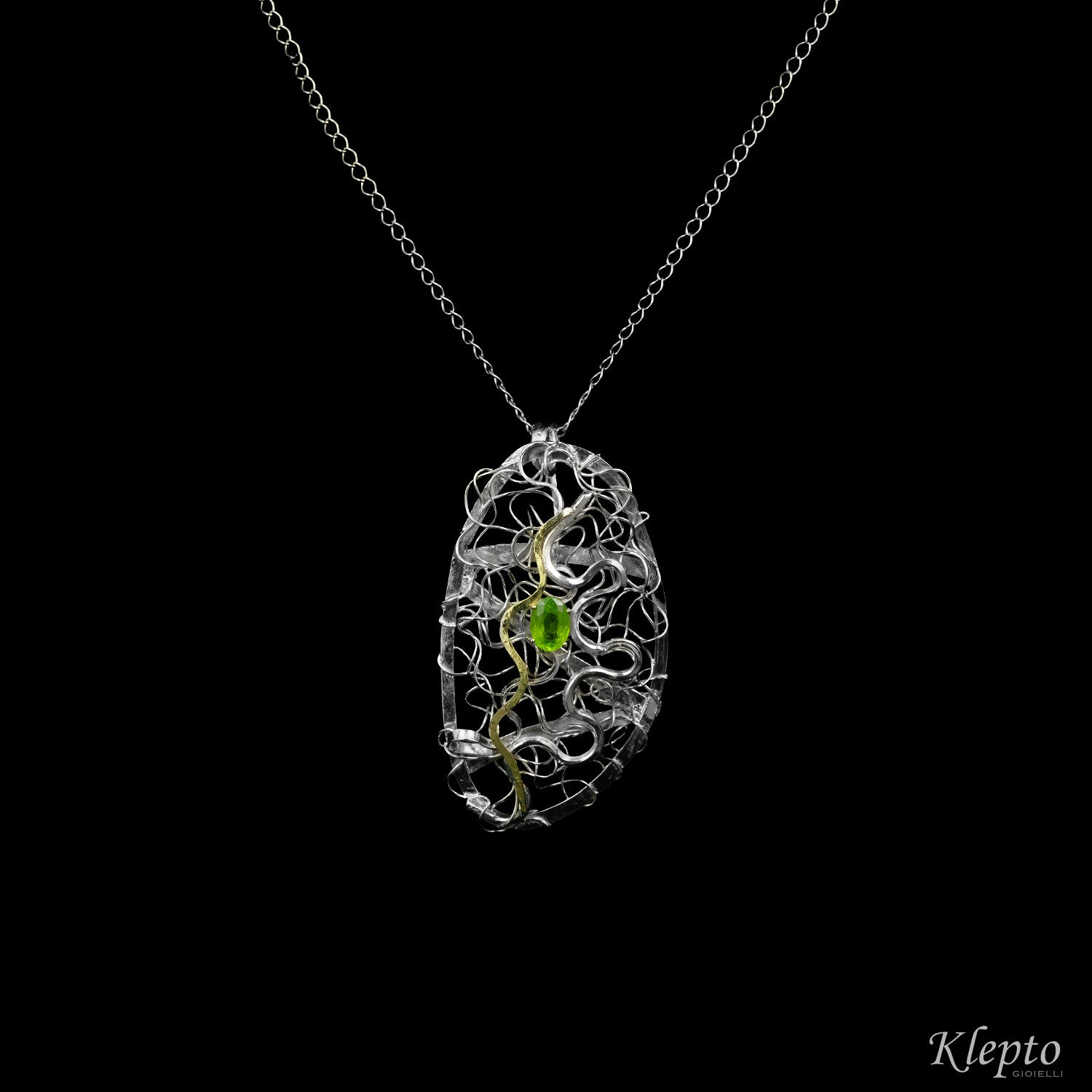 Pendant in Silnova® Silver wire with Peridot and yellow gold