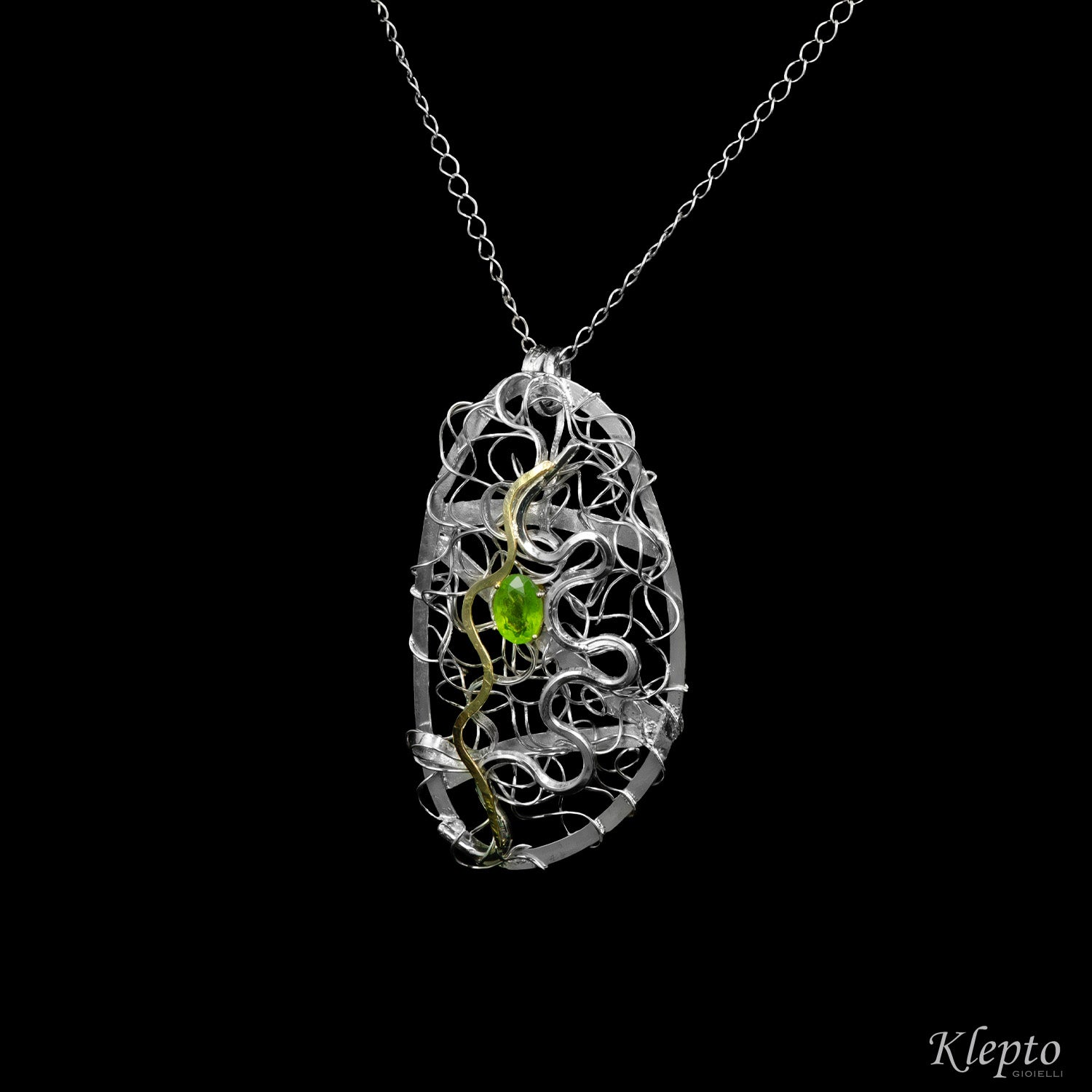 Pendant in Silnova® Silver wire with Peridot and yellow gold