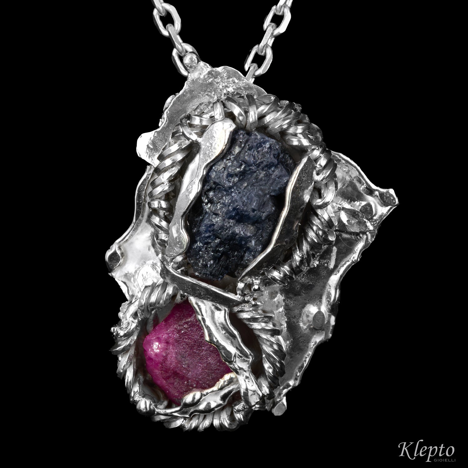 Silnova® Silver Pendant with Raw Sapphire and Ruby