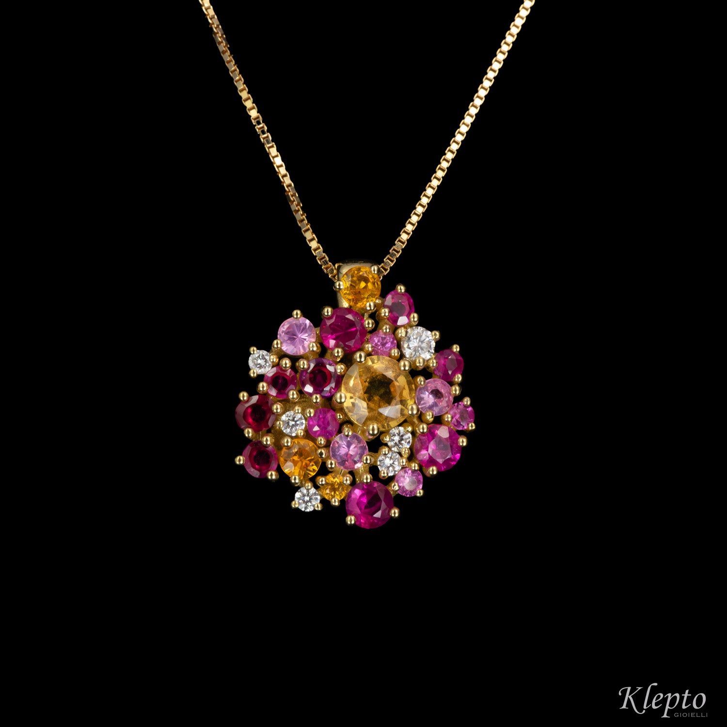 Yellow gold pendant with pink and yellow Sapphires, Rubies and Diamonds