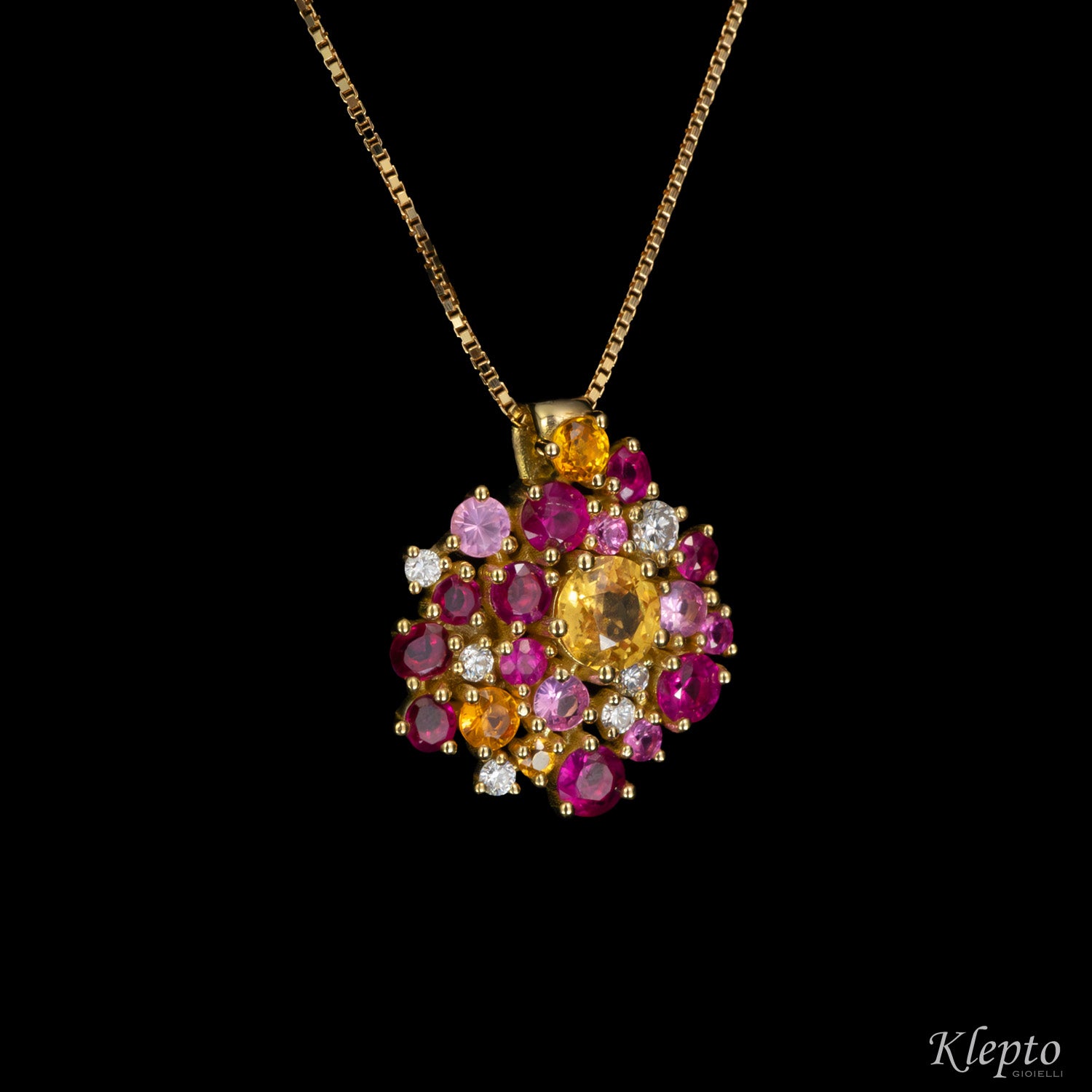 Yellow gold pendant with pink and yellow Sapphires, Rubies and Diamonds