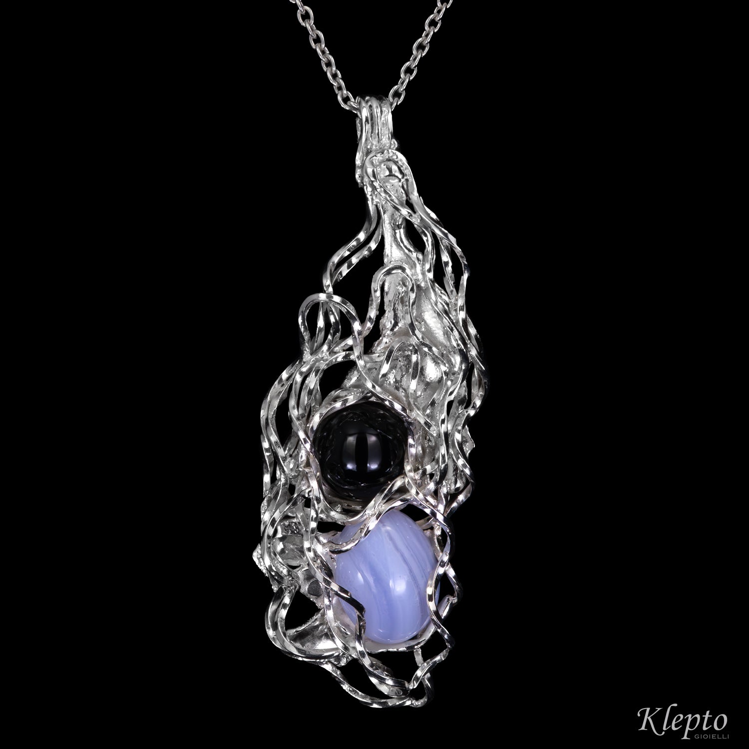 Silver Silnova® Pendant with Onyx and Chalcedony