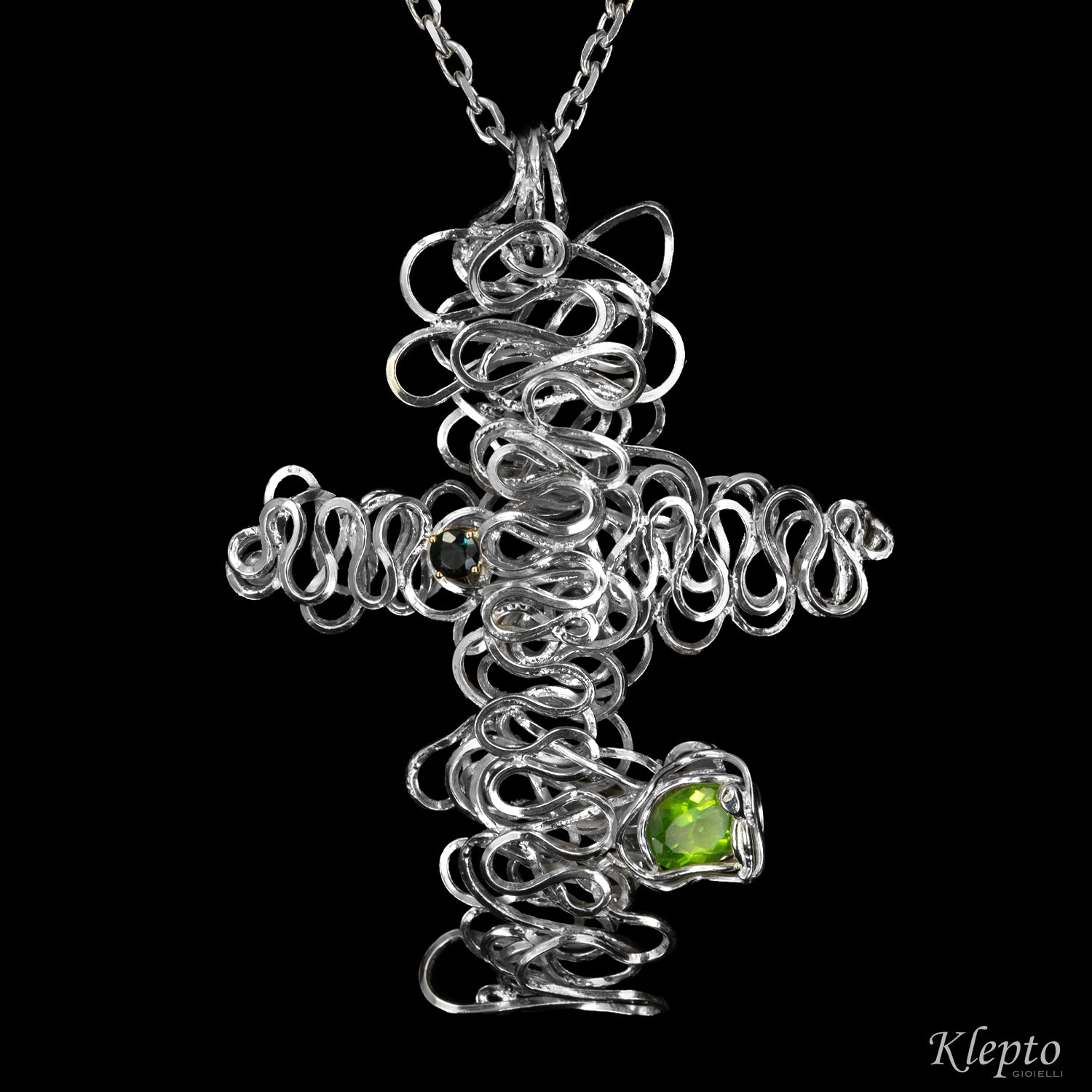 Silver Silnova® cross pendant with green Tourmaline and Peridot
