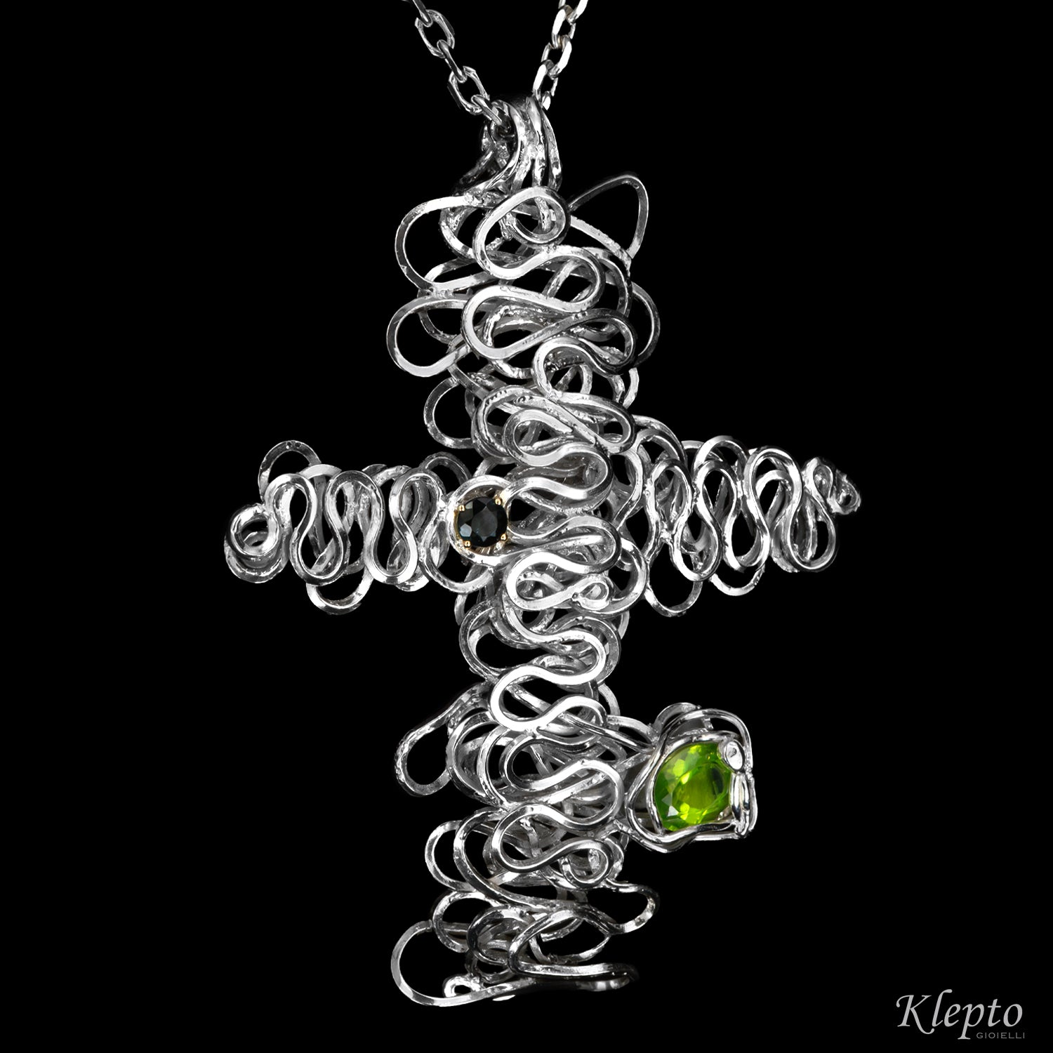 Silver Silnova® cross pendant with green Tourmaline and Peridot