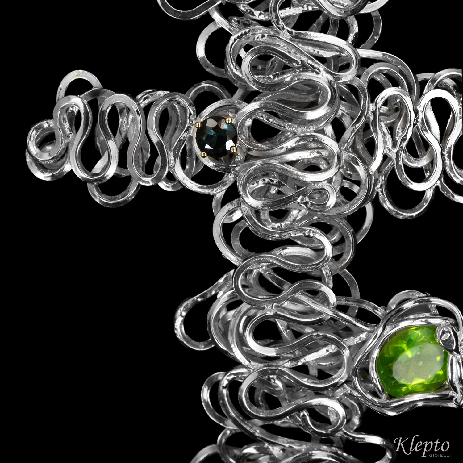 Silver Silnova® cross pendant with green Tourmaline and Peridot