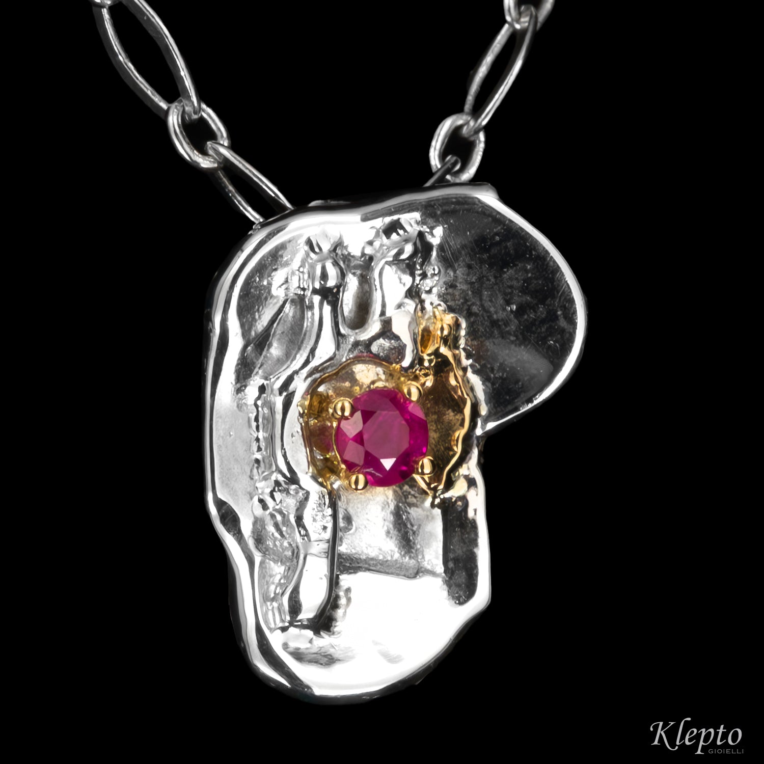 Silver Pendant Silnova® with Ruby and Yellow Gold Details