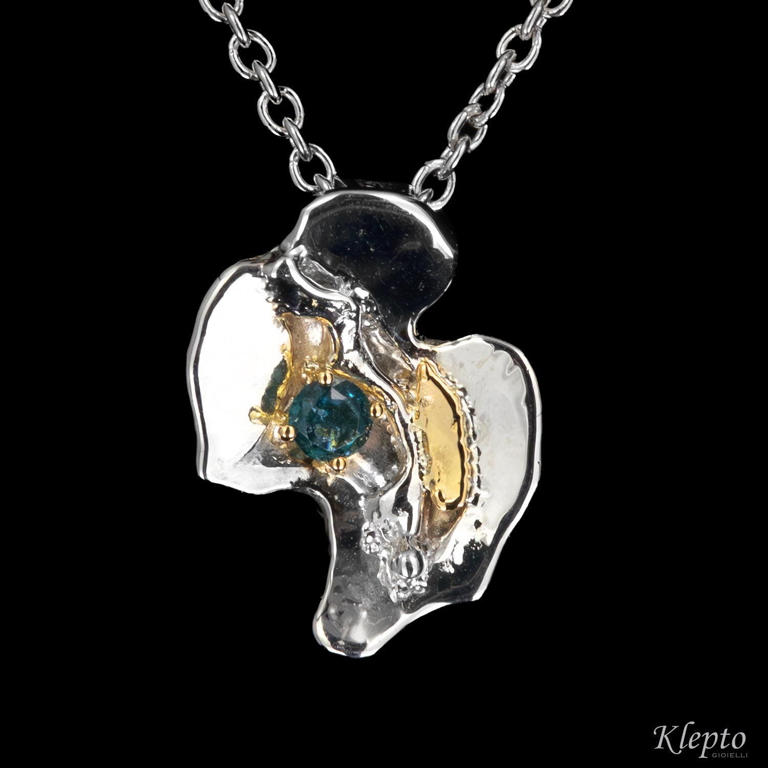Silver Pendant Silnova® with teal Tourmaline and yellow gold details