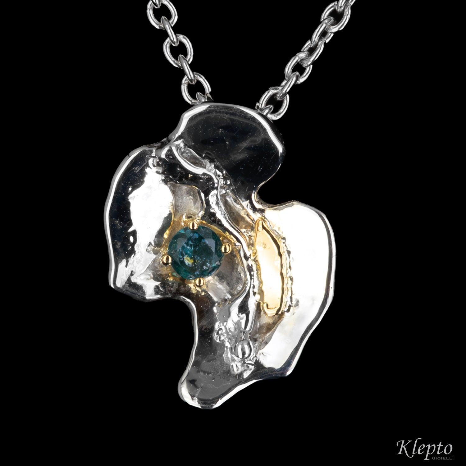 Silver Pendant Silnova® with teal Tourmaline and yellow gold details