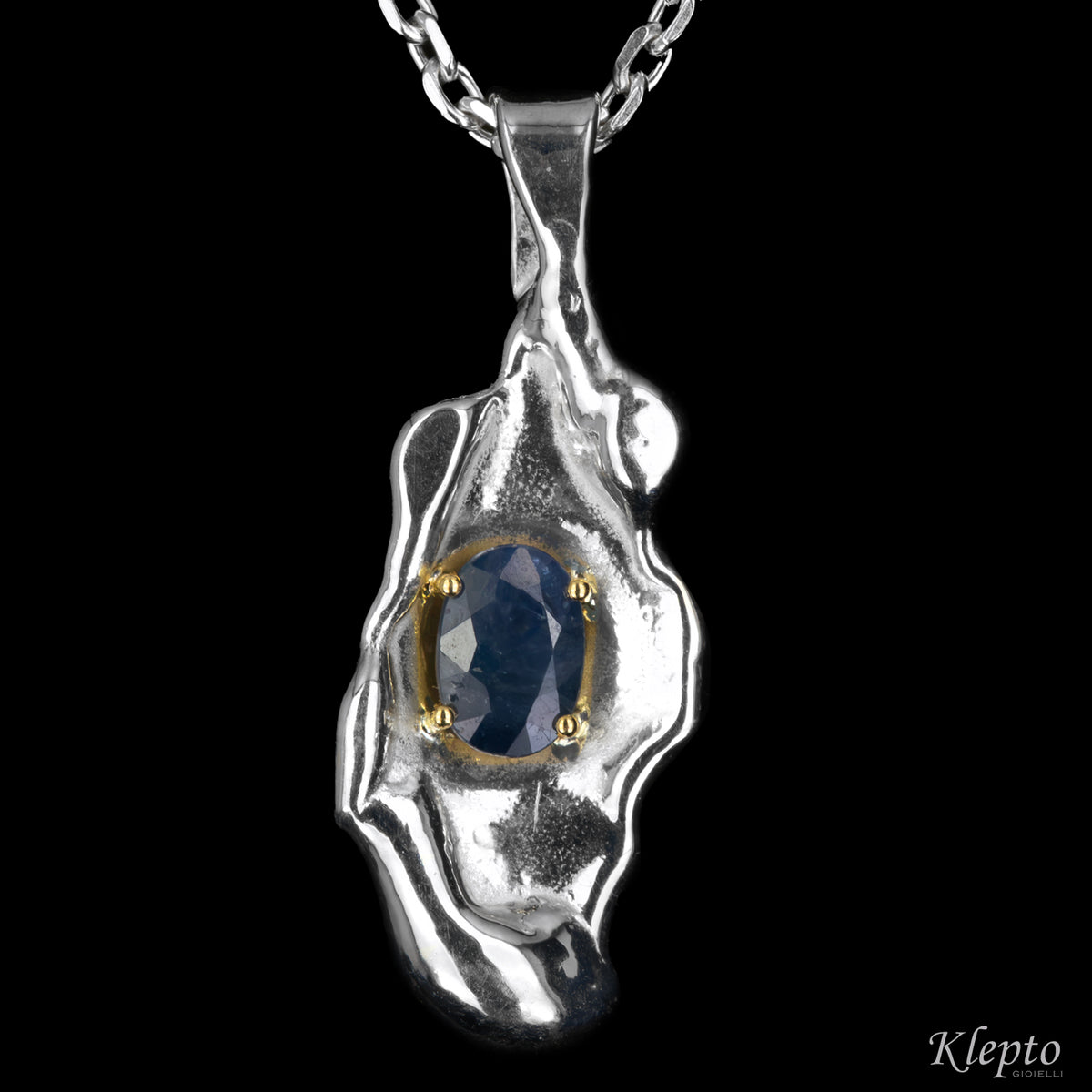 Silnova® Silver Pendant with Blue Sapphire and Yellow Gold Details