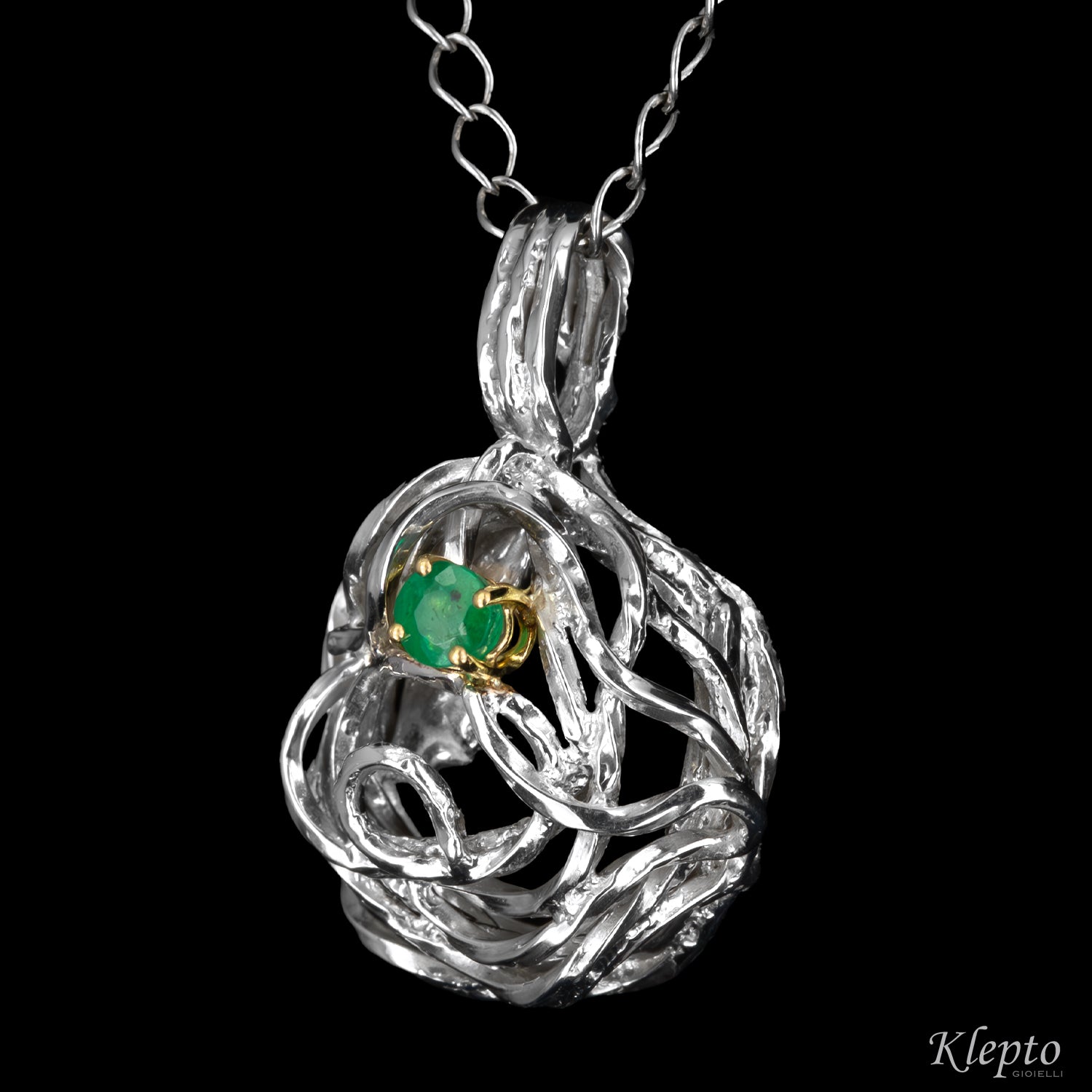 Silver Pendant Silnova® with Emerald and yellow gold details