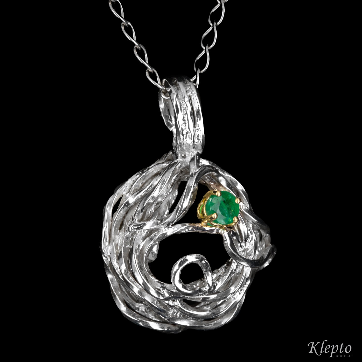 Silver Pendant Silnova® with Emerald and yellow gold details