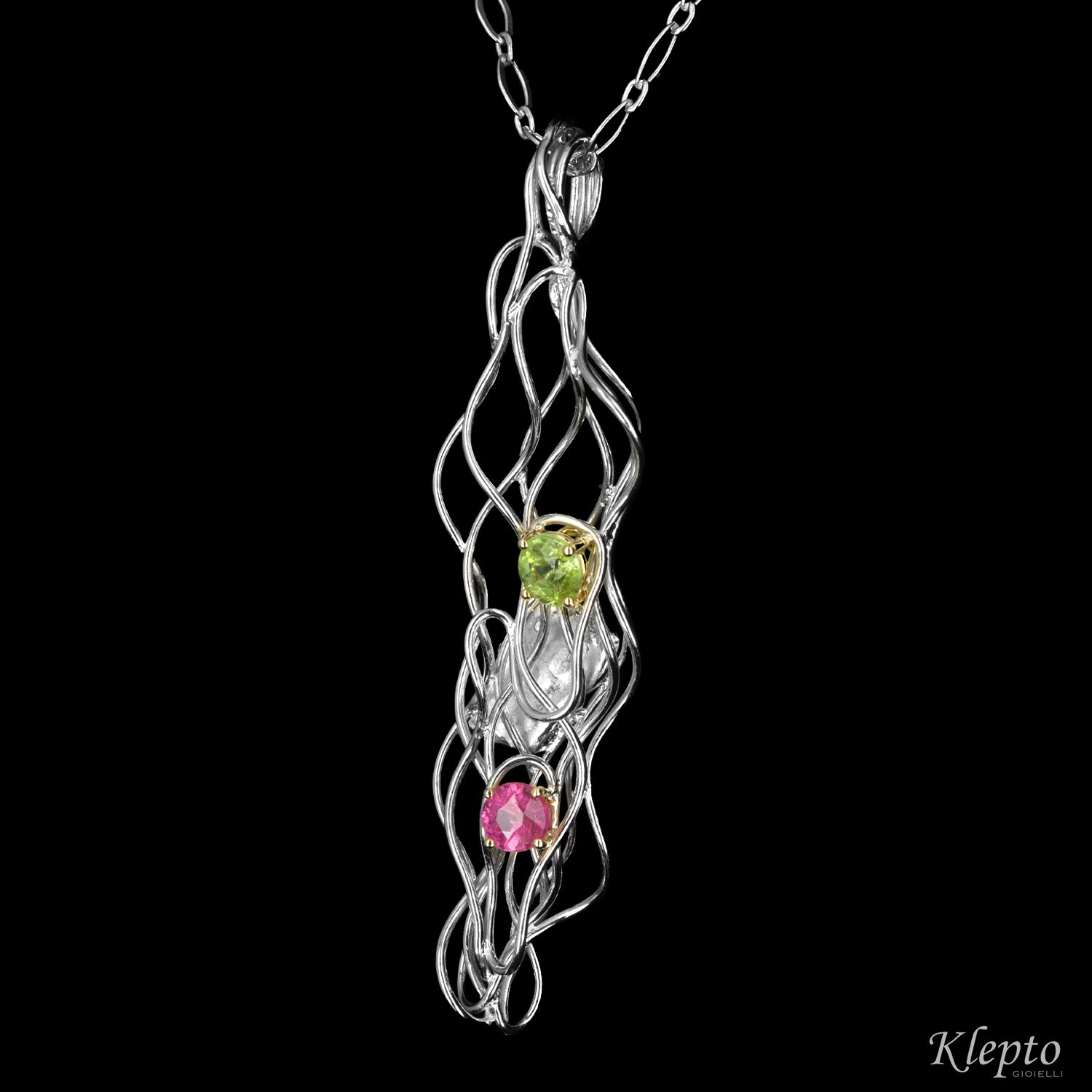 Silver Silnova® Pendant with Green Tourmaline and Pink Tourmaline