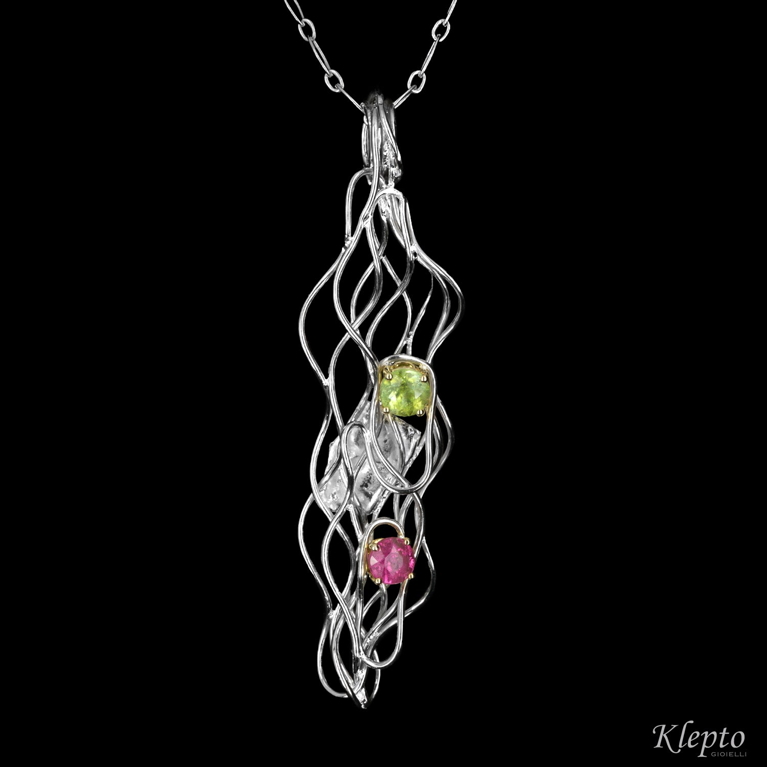 Silver Silnova® Pendant with Green Tourmaline and Pink Tourmaline