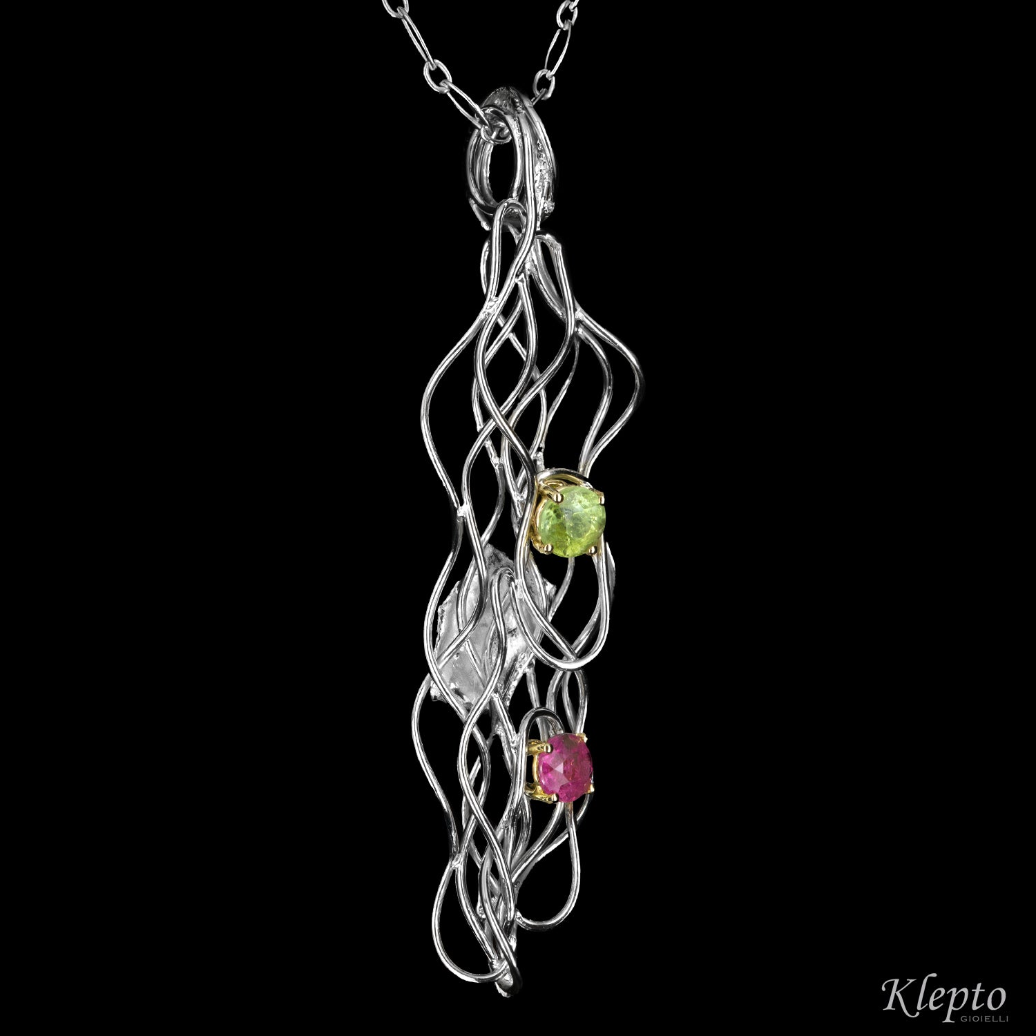 Silver Silnova® Pendant with Green Tourmaline and Pink Tourmaline