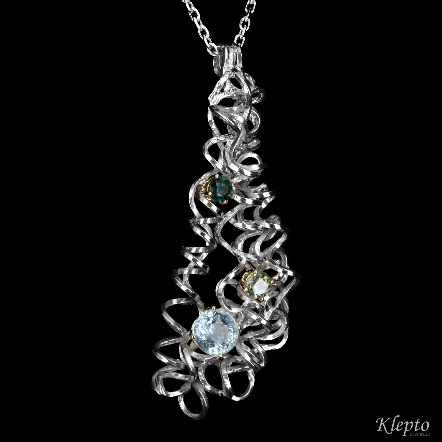 Silver Pendant Silnova® with Tourmaline, Aquamarine and yellow gold details