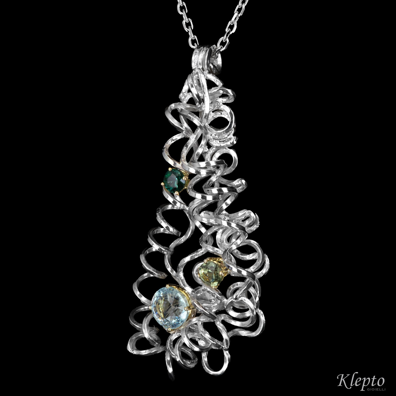 Silver Pendant Silnova® with Tourmaline, Aquamarine and yellow gold details