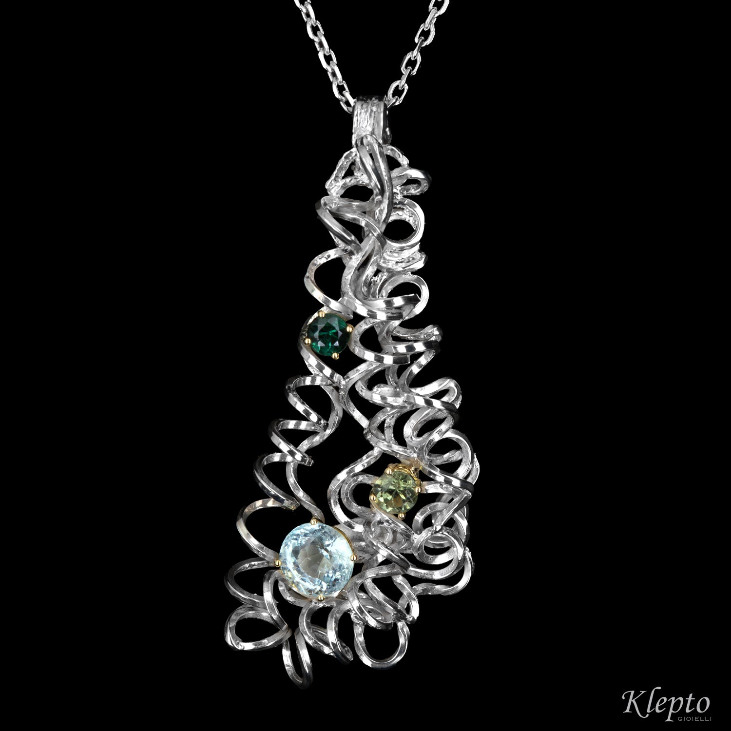 Silver Pendant Silnova® with Tourmaline, Aquamarine and yellow gold details