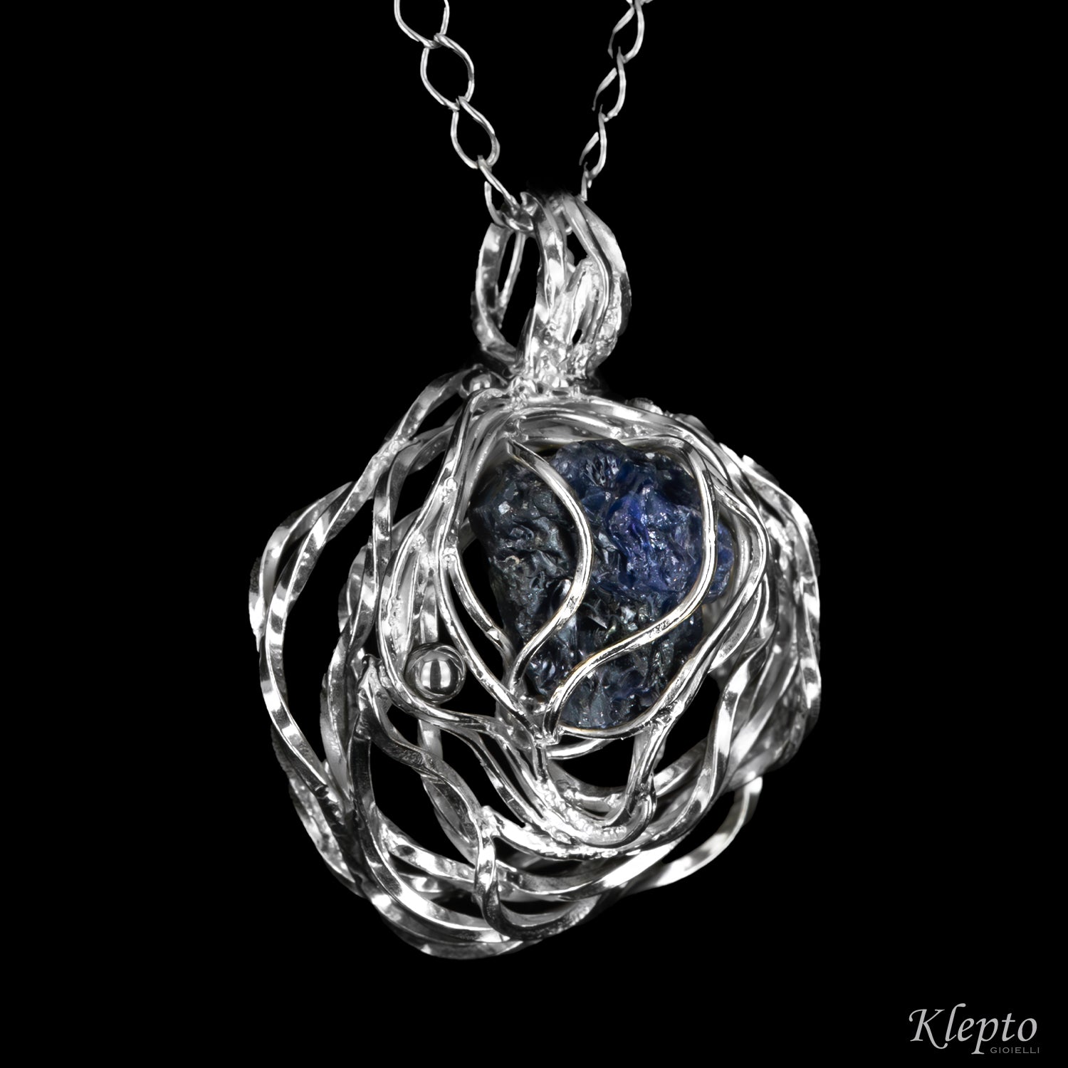 Silver Silnova® Pendant with raw blue Sapphire