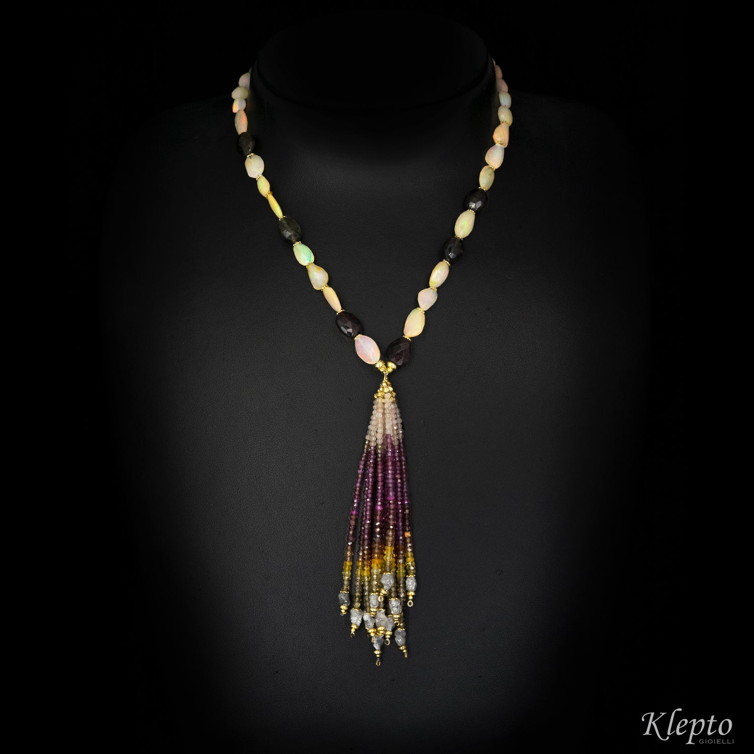 Yellow gold tassel necklace with opal, tourmaline, garnet and rough diamonds