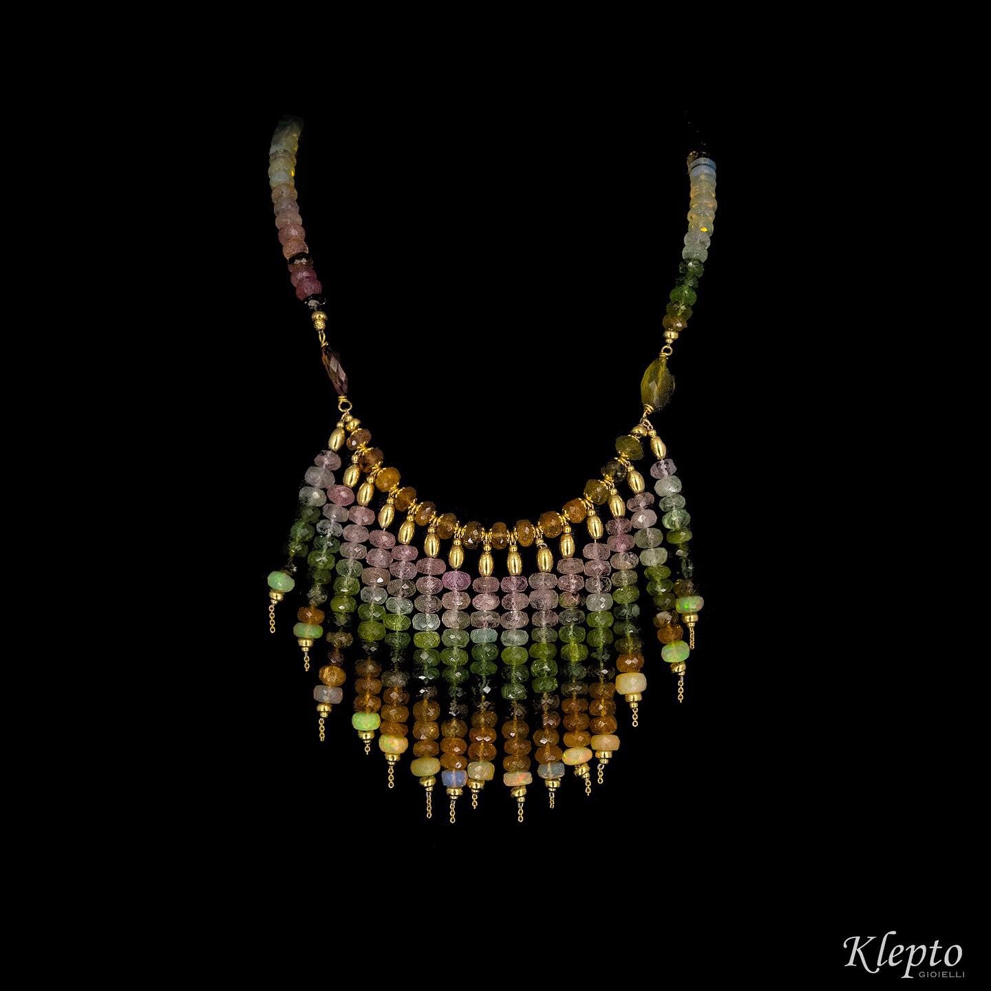 Choker necklace with cascade of tourmalines and opals