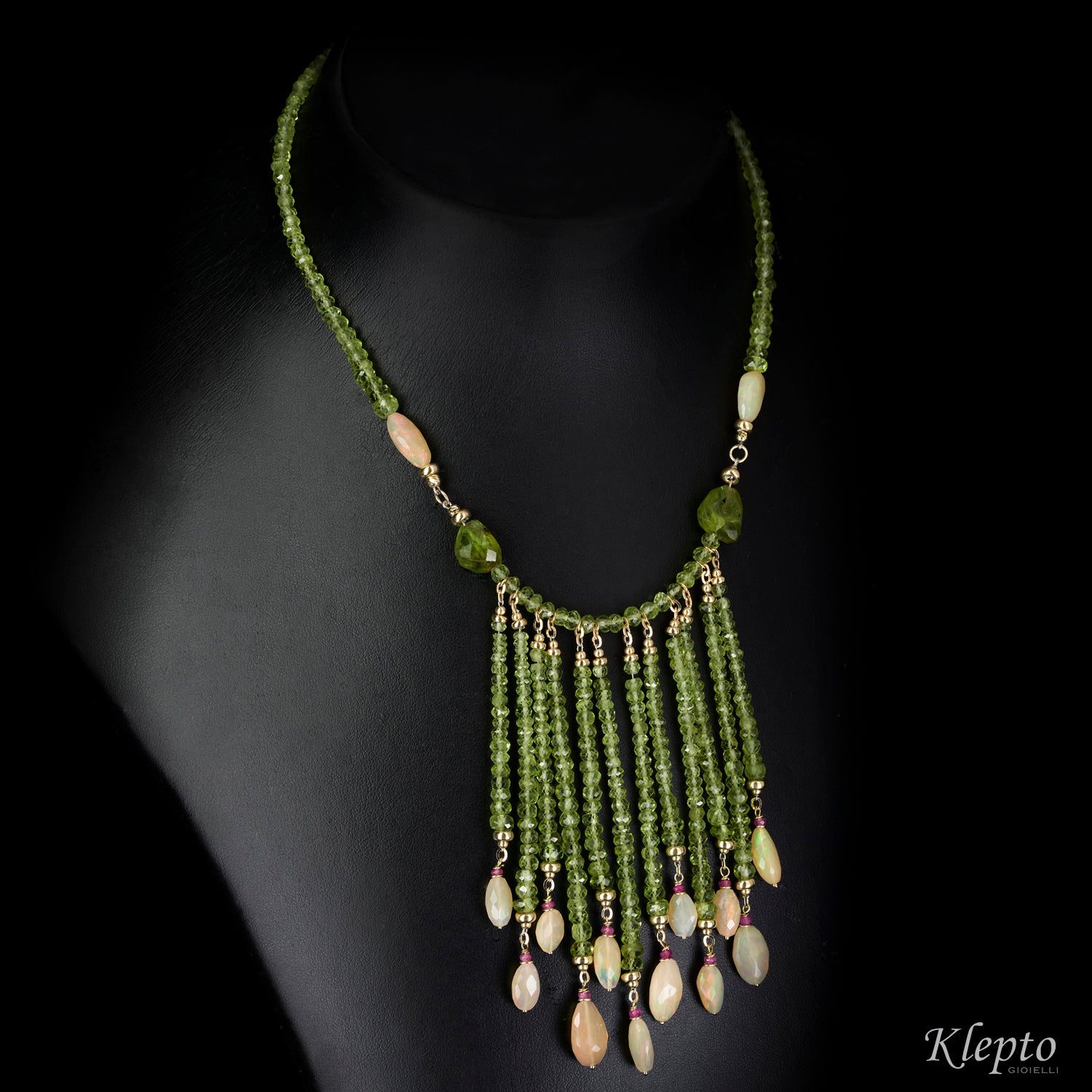Choker necklace with cascade of Peridot, Opals and Rubies