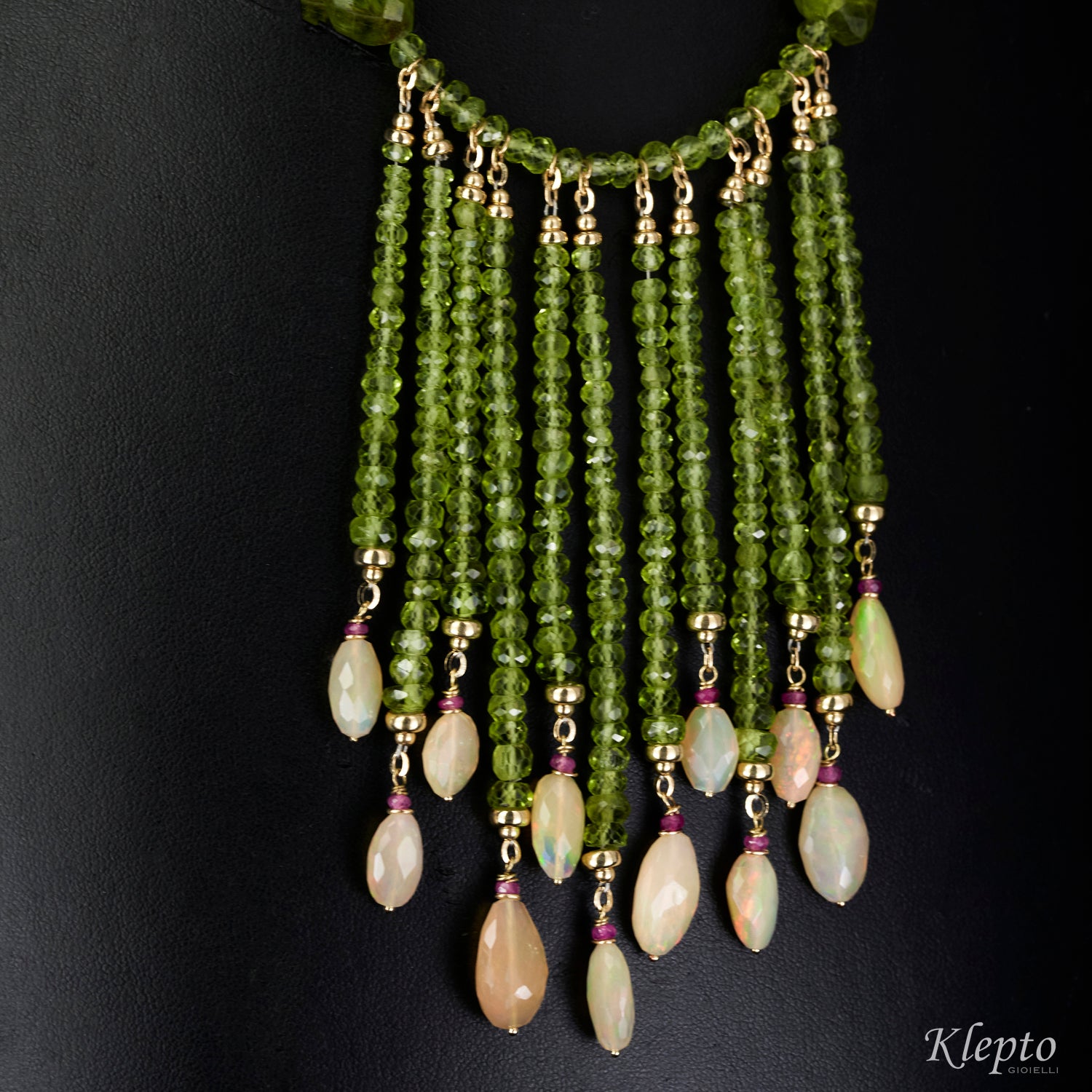 Choker necklace with cascade of Peridot, Opals and Rubies