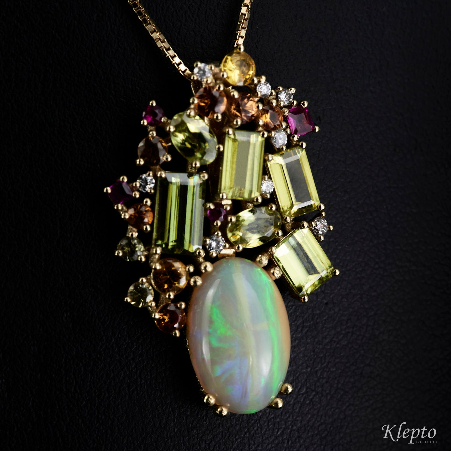 Yellow gold pendant with Opal, Sphene, Sapphires, Rubies and Diamonds