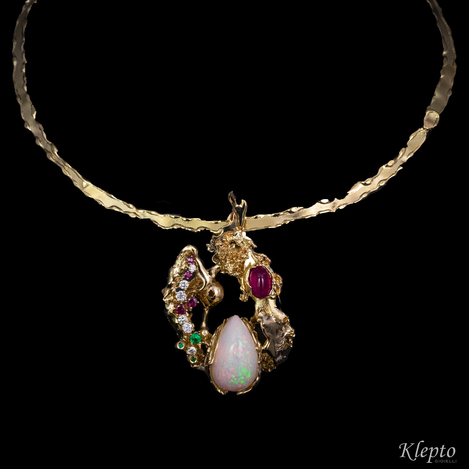 Yellow gold necklace with Opal, Tourmaline, Emeralds, Rubies, Rhodolites and Diamonds