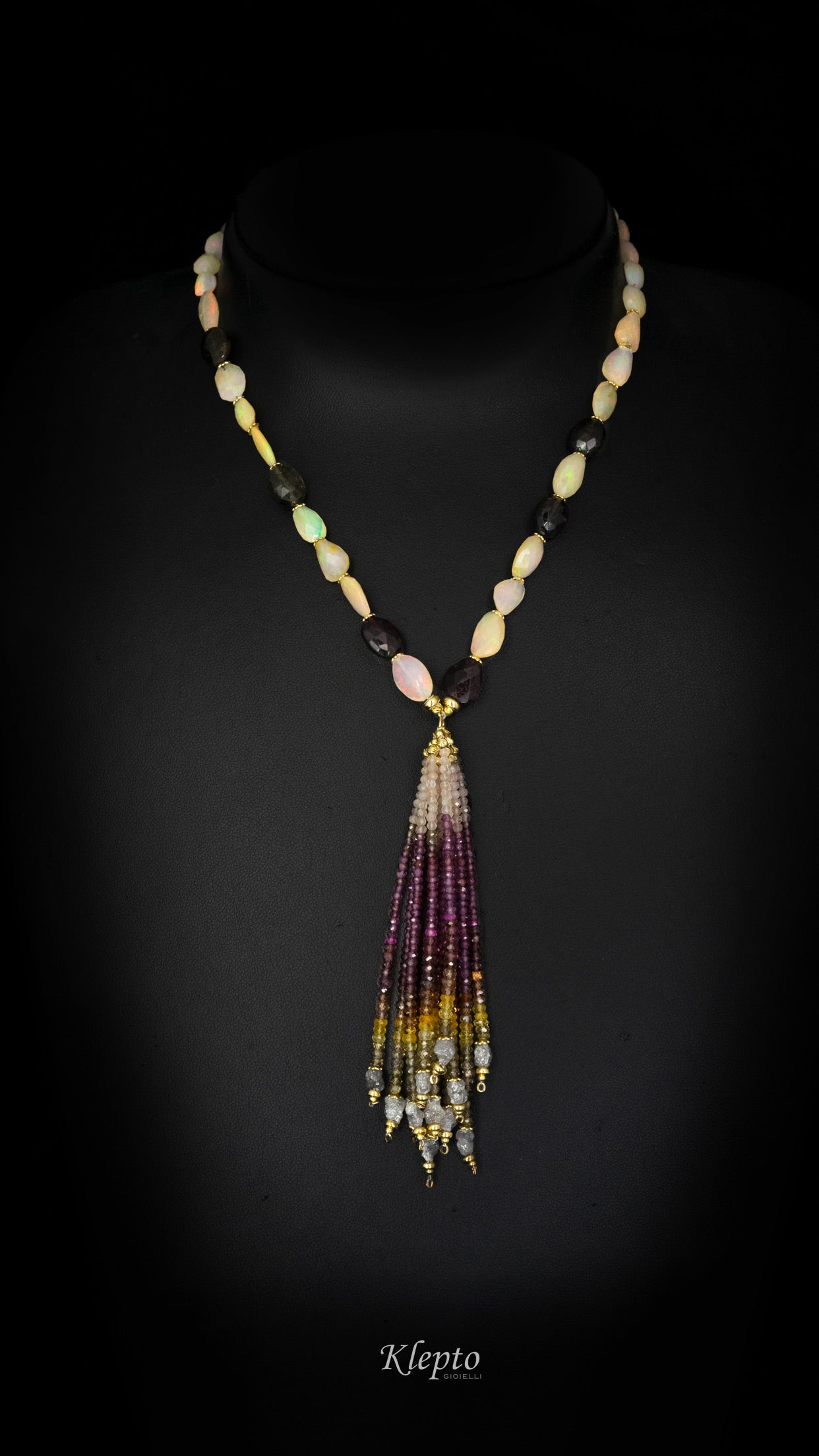 Yellow gold tassel necklace with opal, tourmaline, garnet and rough diamonds