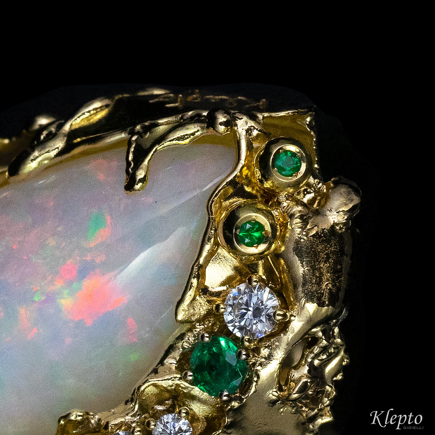Yellow gold ring with Opal, Emeralds, Rubies, Rhodolites and Diamonds