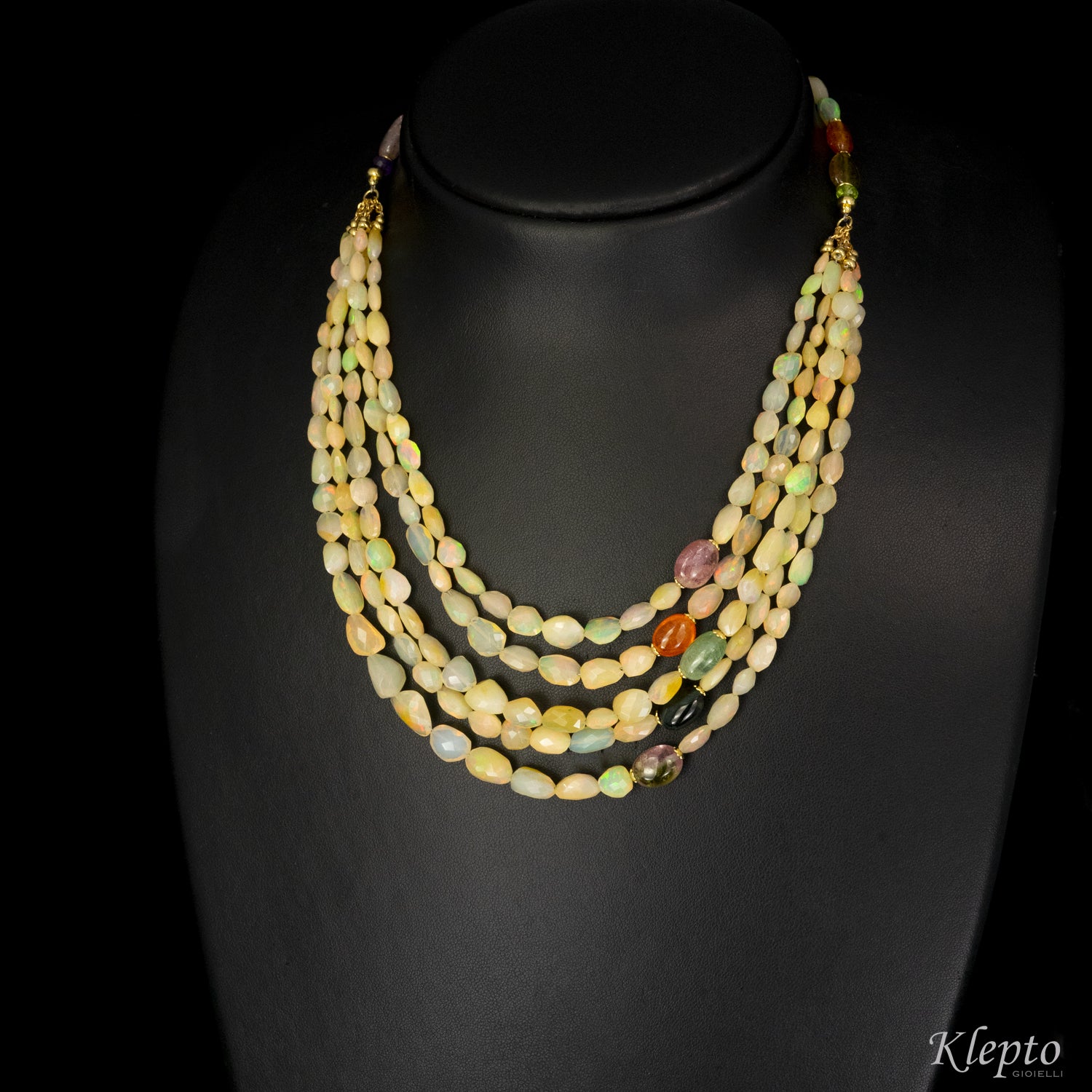 Multi-strand necklace with Opal and Tourmalines