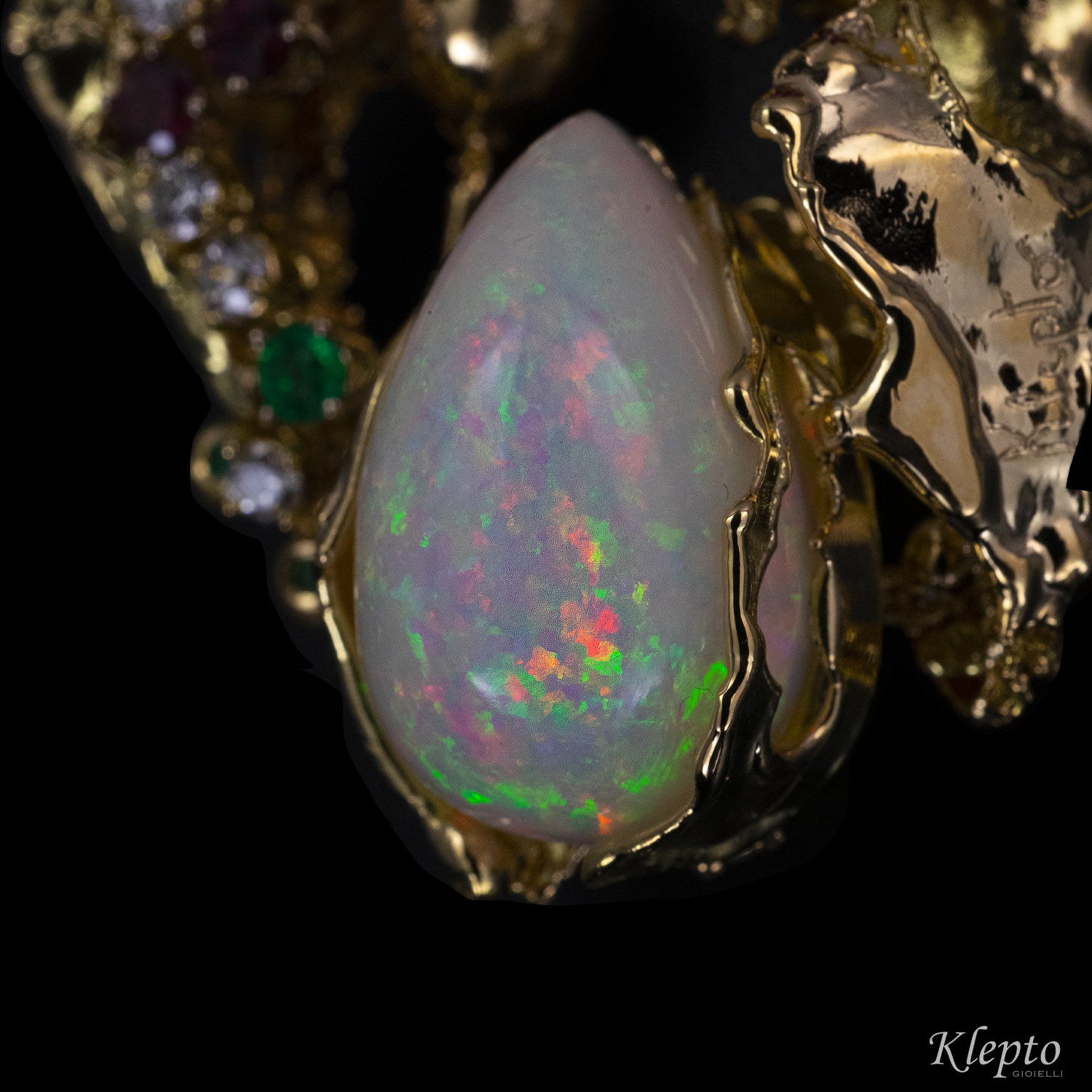 Yellow gold necklace with Opal, Tourmaline, Emeralds, Rubies, Rhodolites and Diamonds