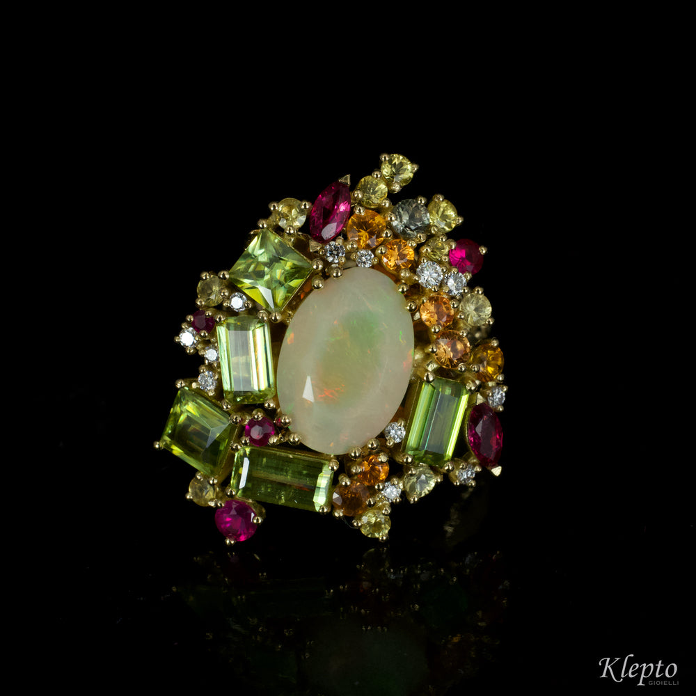 Yellow gold ring with Opal, Sphene, Sapphires, Rubies and Diamonds