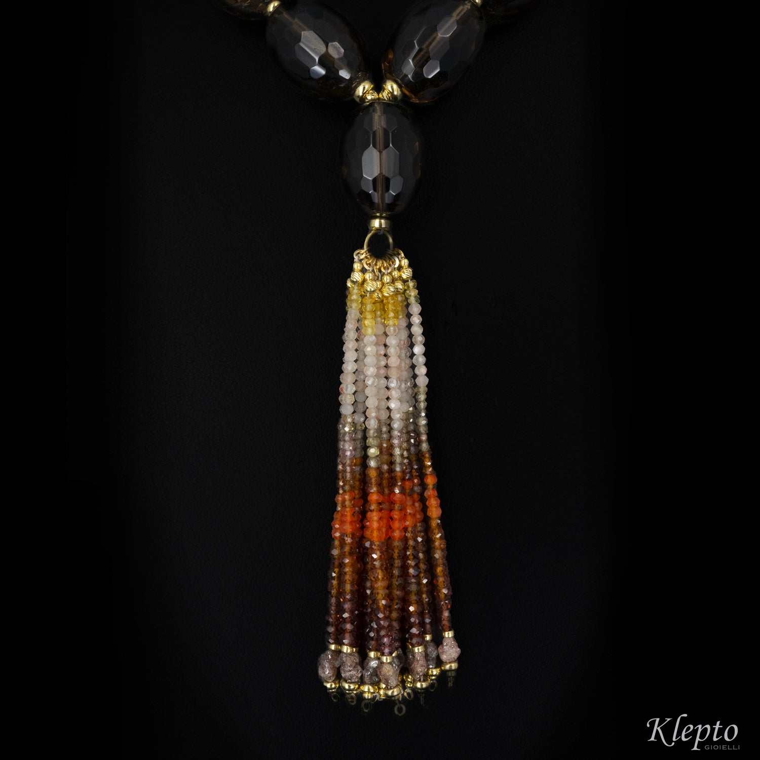 Nappa necklace in yellow gold with smoky quartz, garnet, agate and rough diamonds
