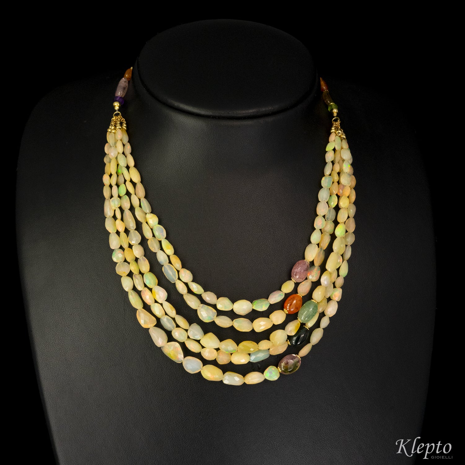 Multi-strand necklace with Opal and Tourmalines