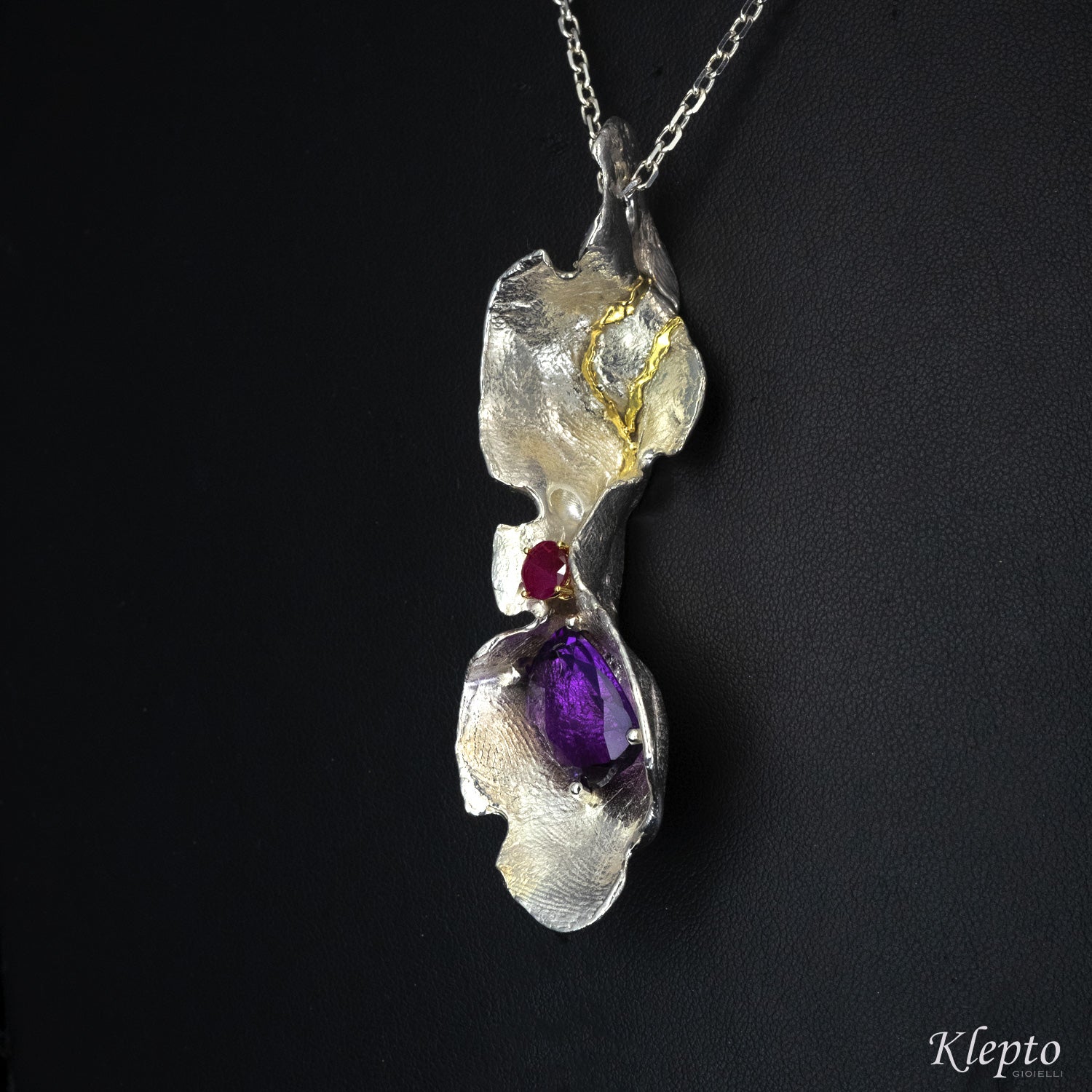 Pendant in Silnova® Silver with Amethyst, Ruby and yellow gold details