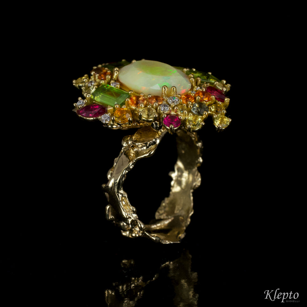 Yellow gold ring with Opal, Sphene, Sapphires, Rubies and Diamonds