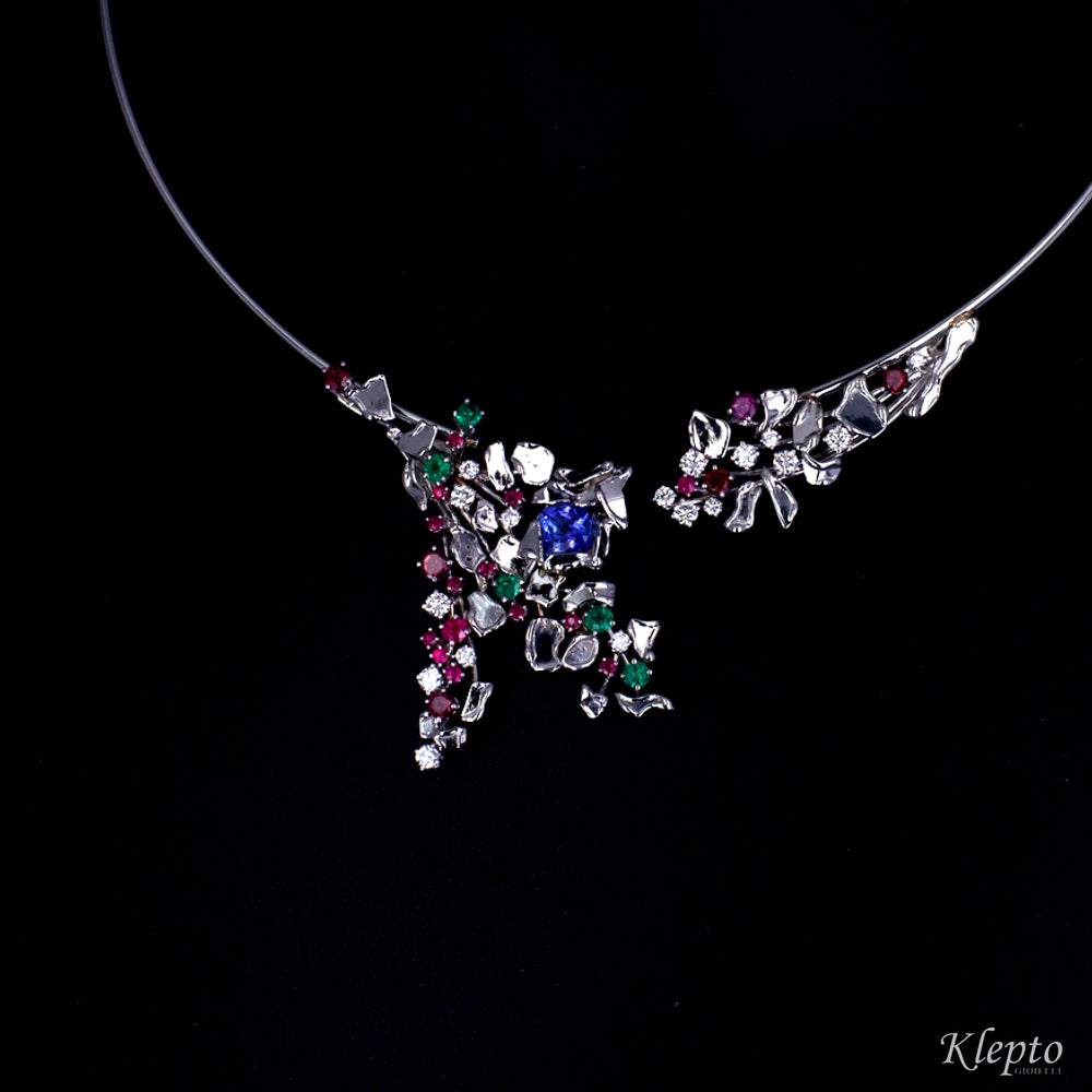 Harmonic white gold necklace with Tanzanite, Rubies, Emeralds, Rhodolites and Diamonds